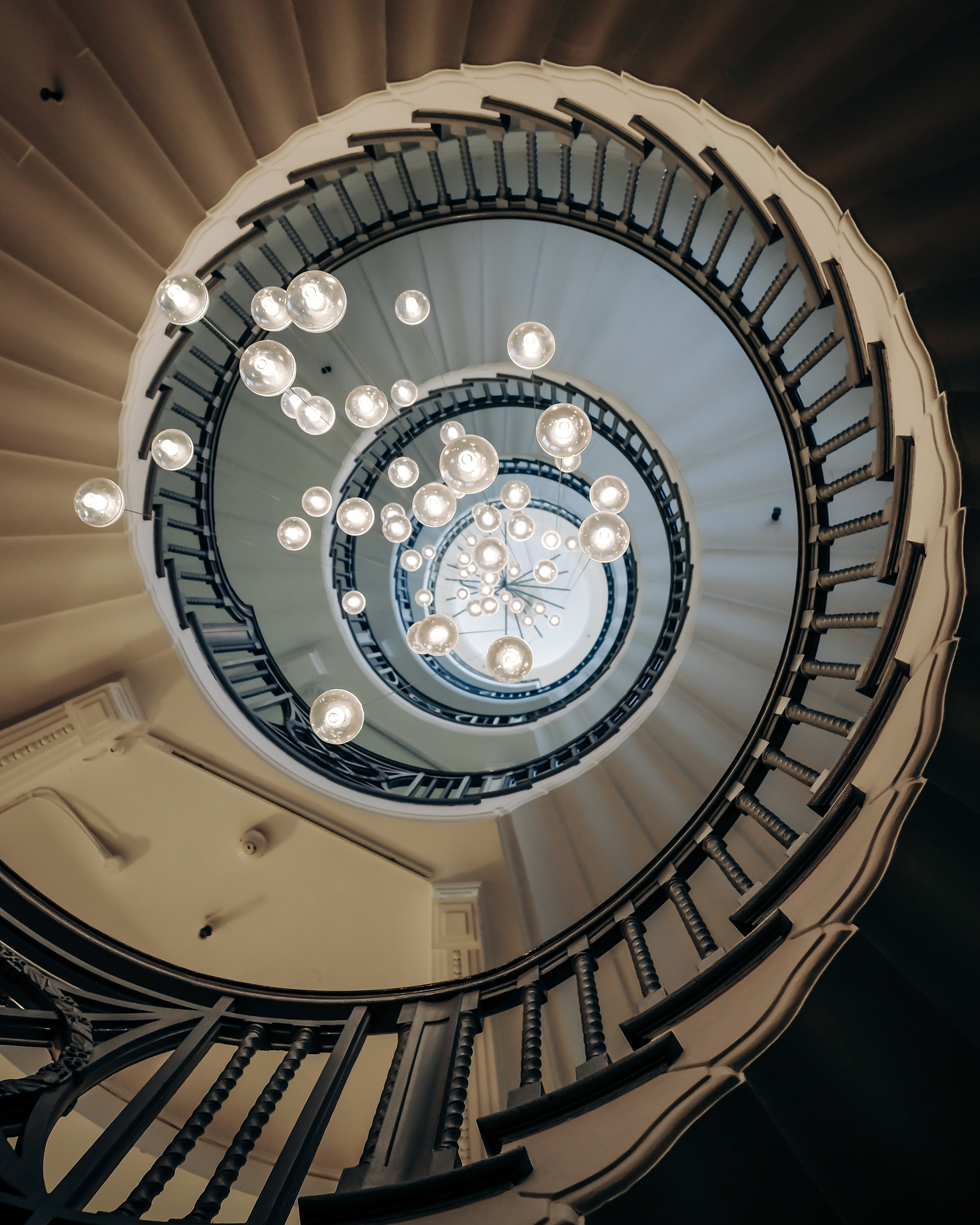 stairs, railing, 4K, electric light, white, light, shape, lights, concrete, directly below, built structure, electric lamp, staircase, indoors, clock, Phone HD Wallpaper