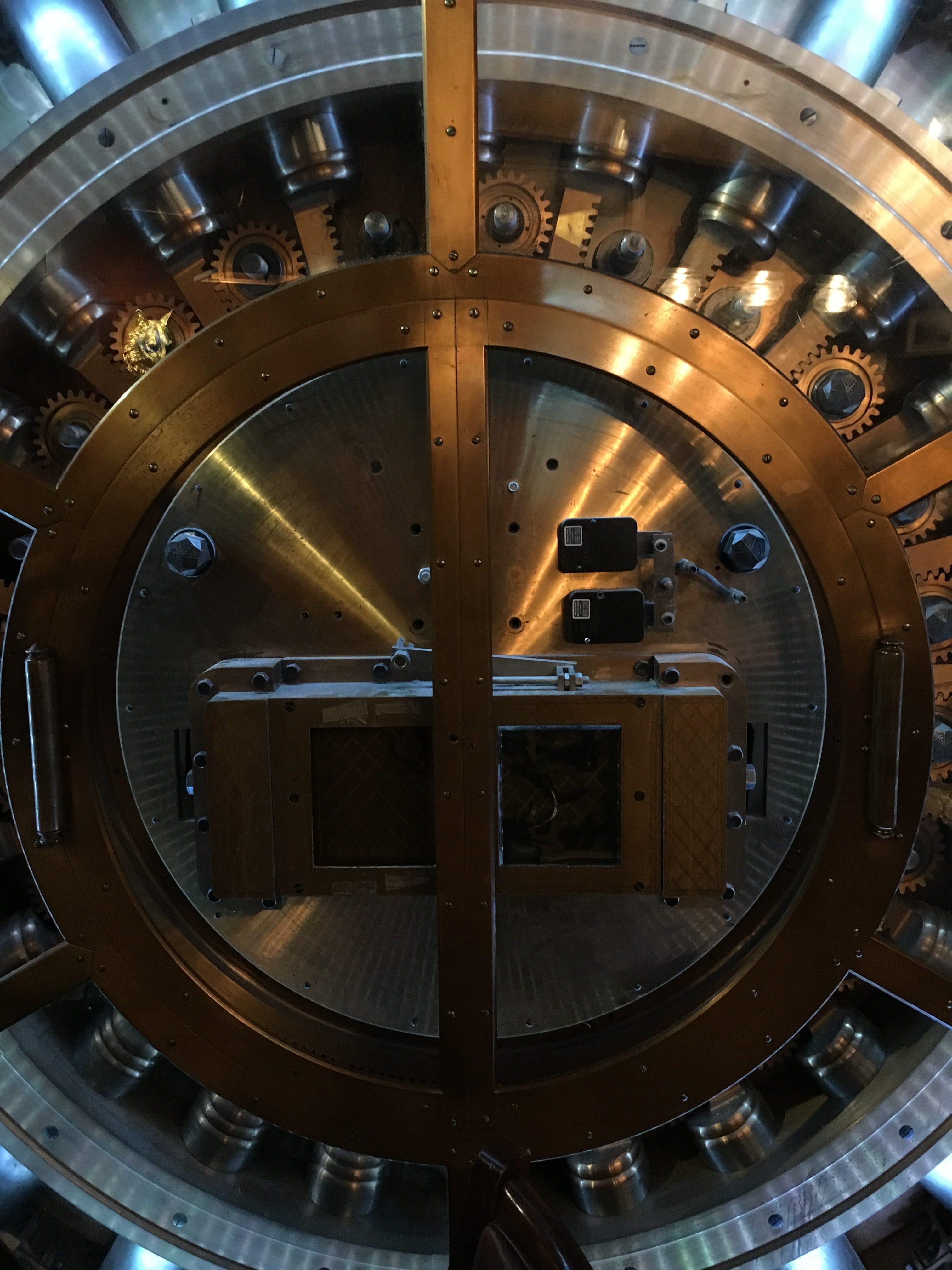 Vault, bank, no people, wheel, machine Part, metal, transportation, 4K, clock, factory, steel, architecture, Copper, equipment, design, machinery, indoors, Phone HD Wallpaper