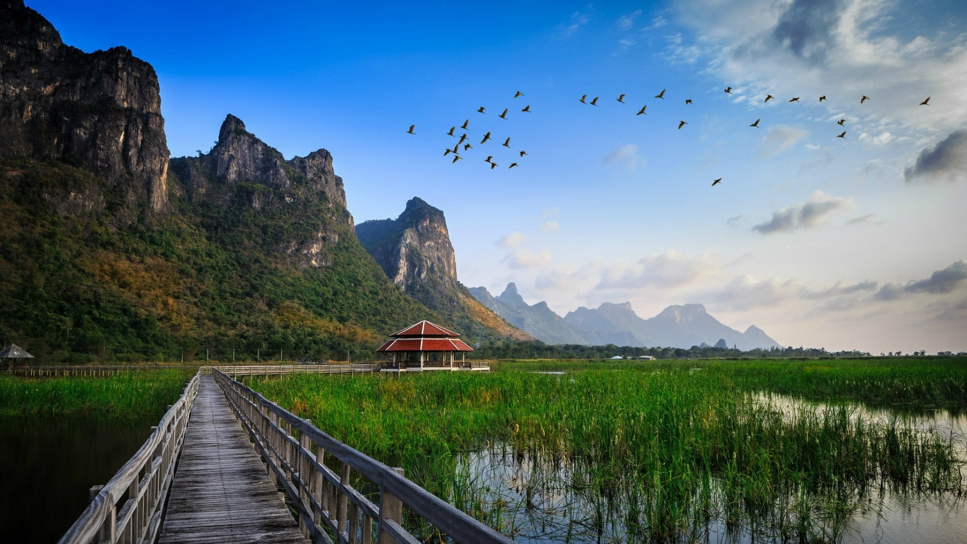 no people, landscape, mountain range, mountain, sky, tranquil scene, built structure, fresh, scenics - nature, tranquility, beauty in nature, walkway, wooden, HD Wallpaper