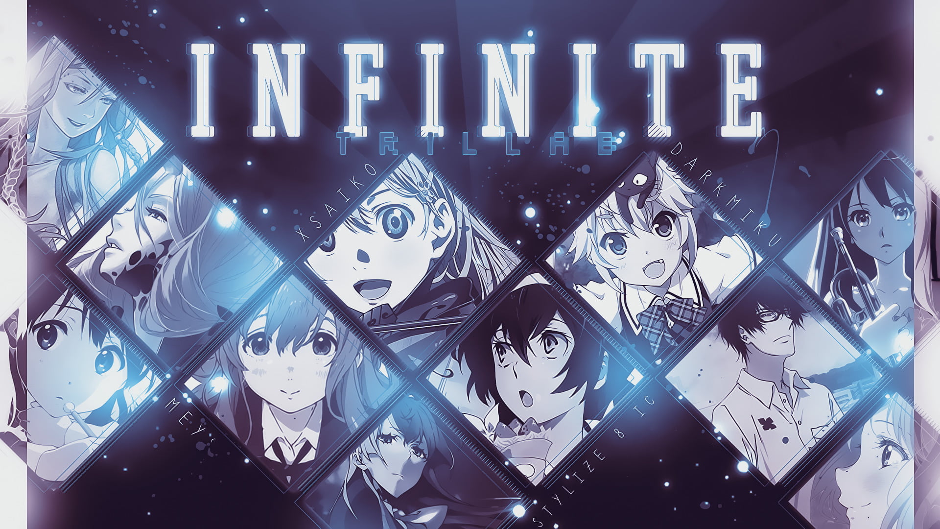 text, backgrounds, full frame, night, representation, pattern, Grisaia No Kajitsu, Crossover, Kaori Miyazono, Anime, Noriko Sonozaki, Tamako Market, Miach Mihie, HD Wallpaper