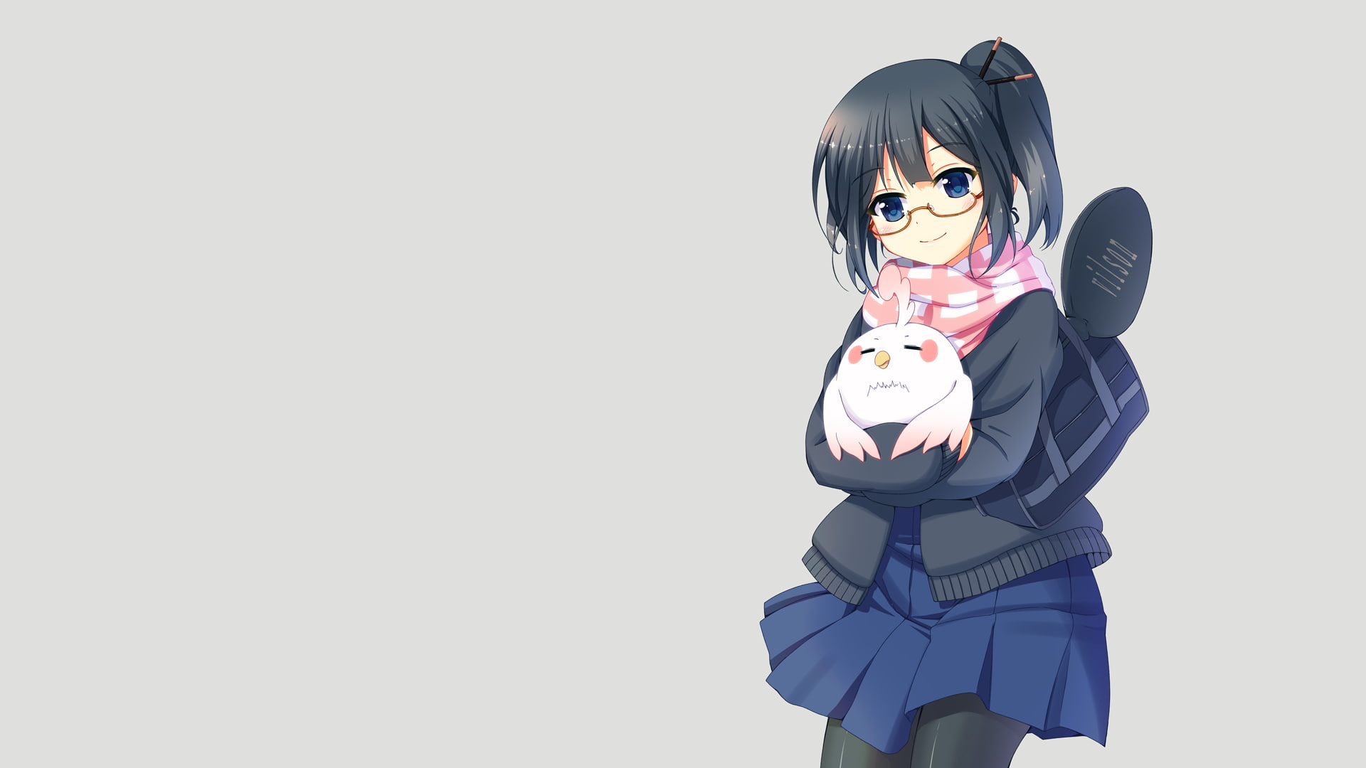 1080P, blue eyes, Asagiri Shiori, school uniform, simple background, Tamako Market, anime, bag, ponytail, black hair, scarf, anime girls, miniskirt, Dera Mochimazzui, HD Wallpaper