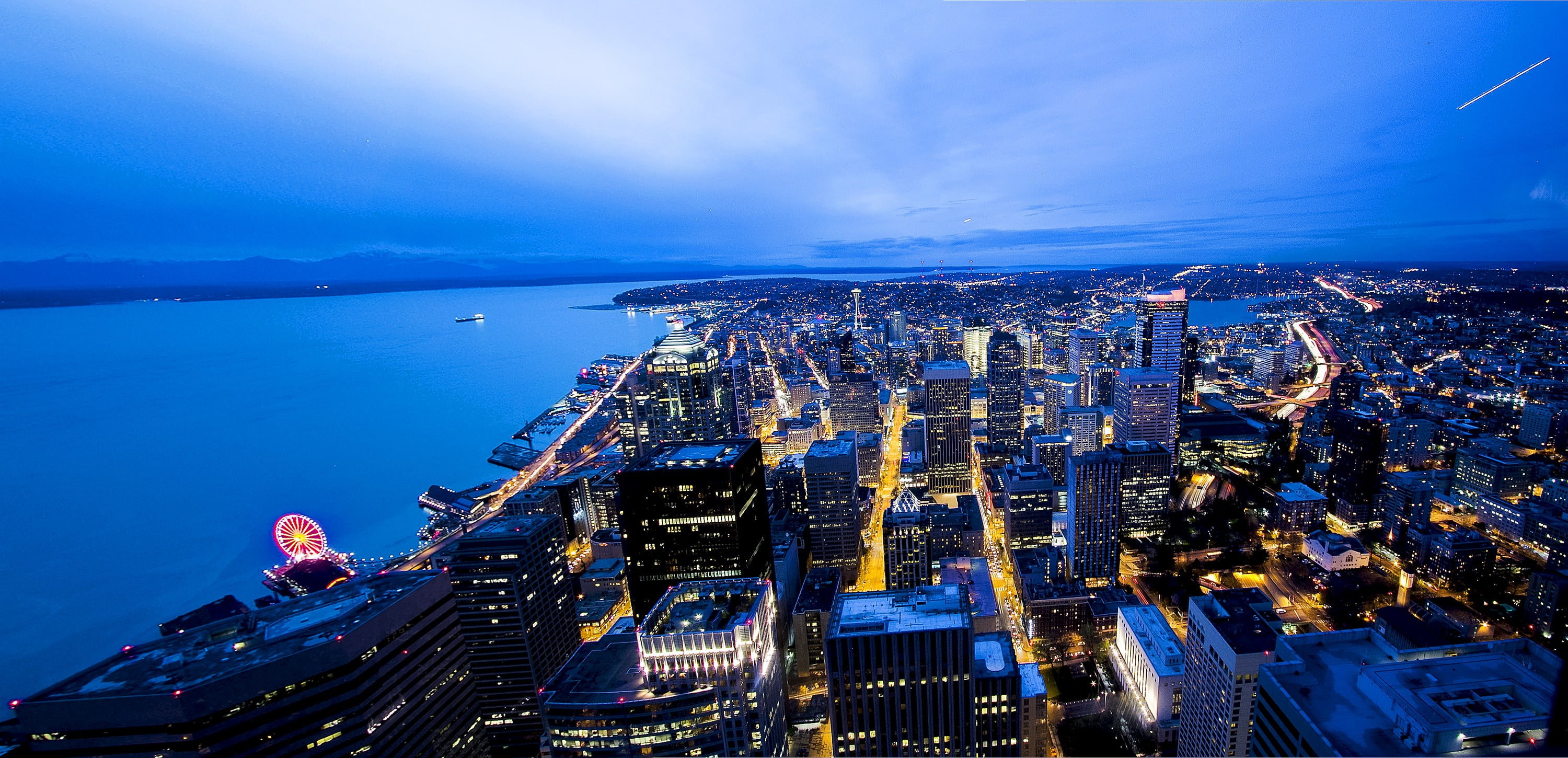 buildings, night, street, building, travel destinations, Space Needle, water, modern, illuminated, office building exterior, sea, architecture, no people, HD Wallpaper