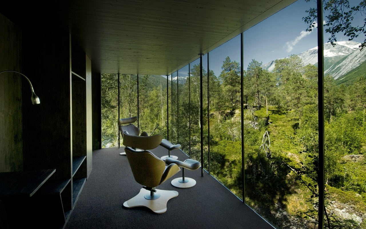 architecture, trees, mountains, interior, hotel, Norway, day, plant, modern, seat, no people, architectural column, lighting equipment, furniture, electric lamp, HD Wallpaper
