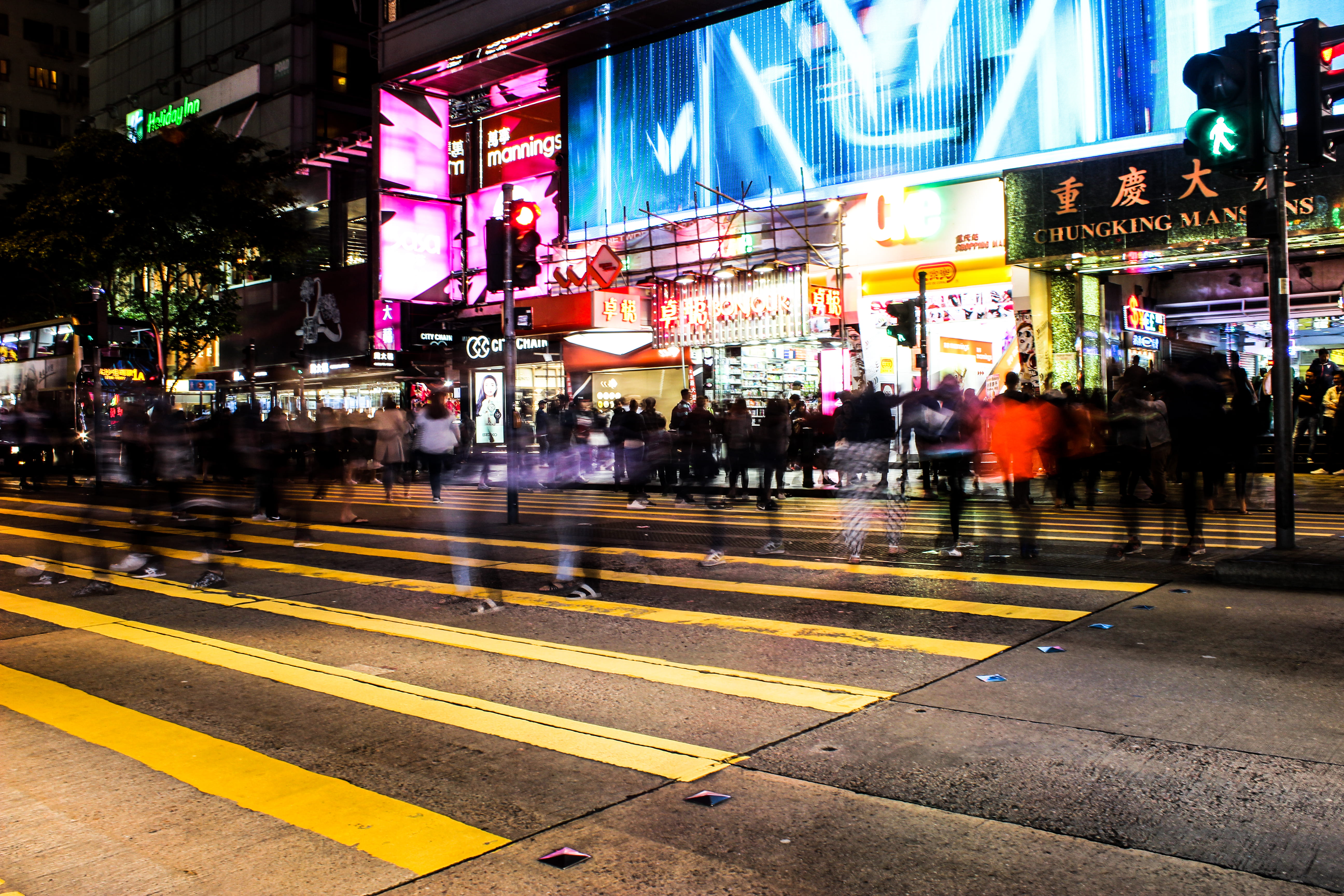 by night, city, real people, neon sign, busy, pedestrian, light, long exposure, illuminated, time, road marking, slow shutter, transportation, sign, crossing, HD Wallpaper