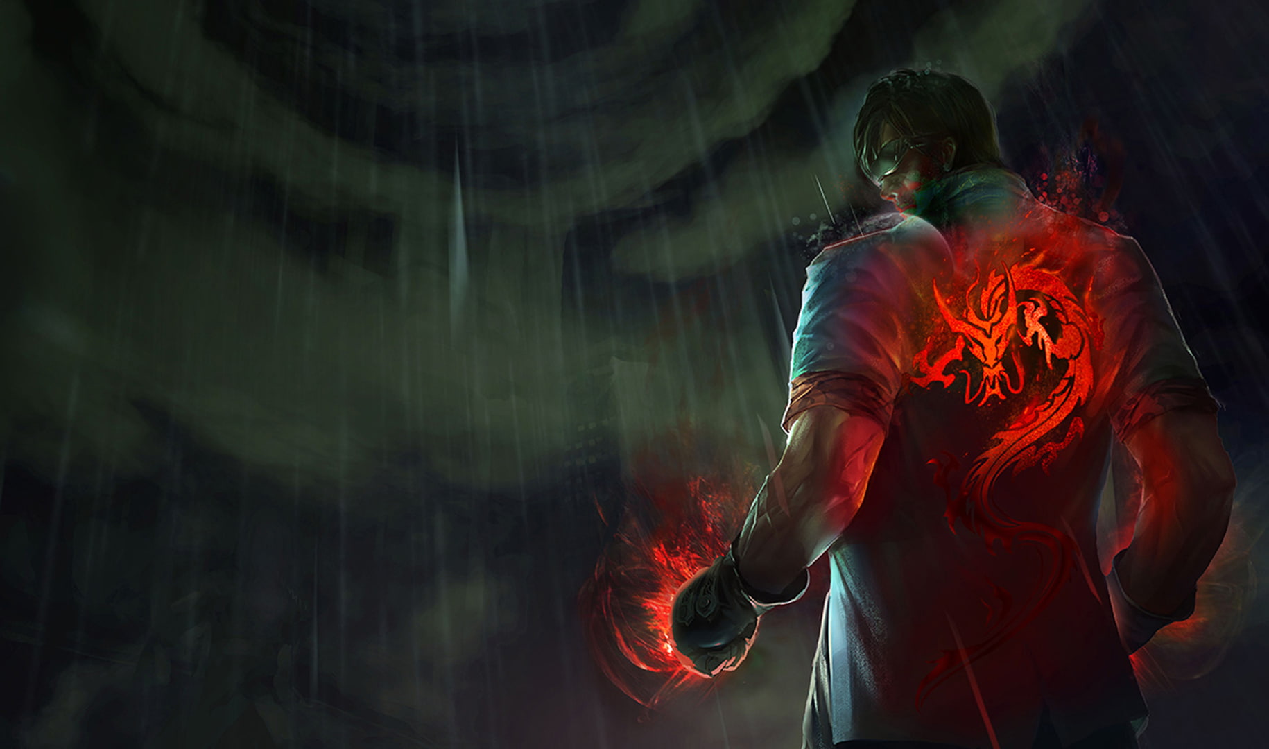 back, dragon, rain, League of Legends, concept art, men, 720P, Lee Sin, HD Wallpaper