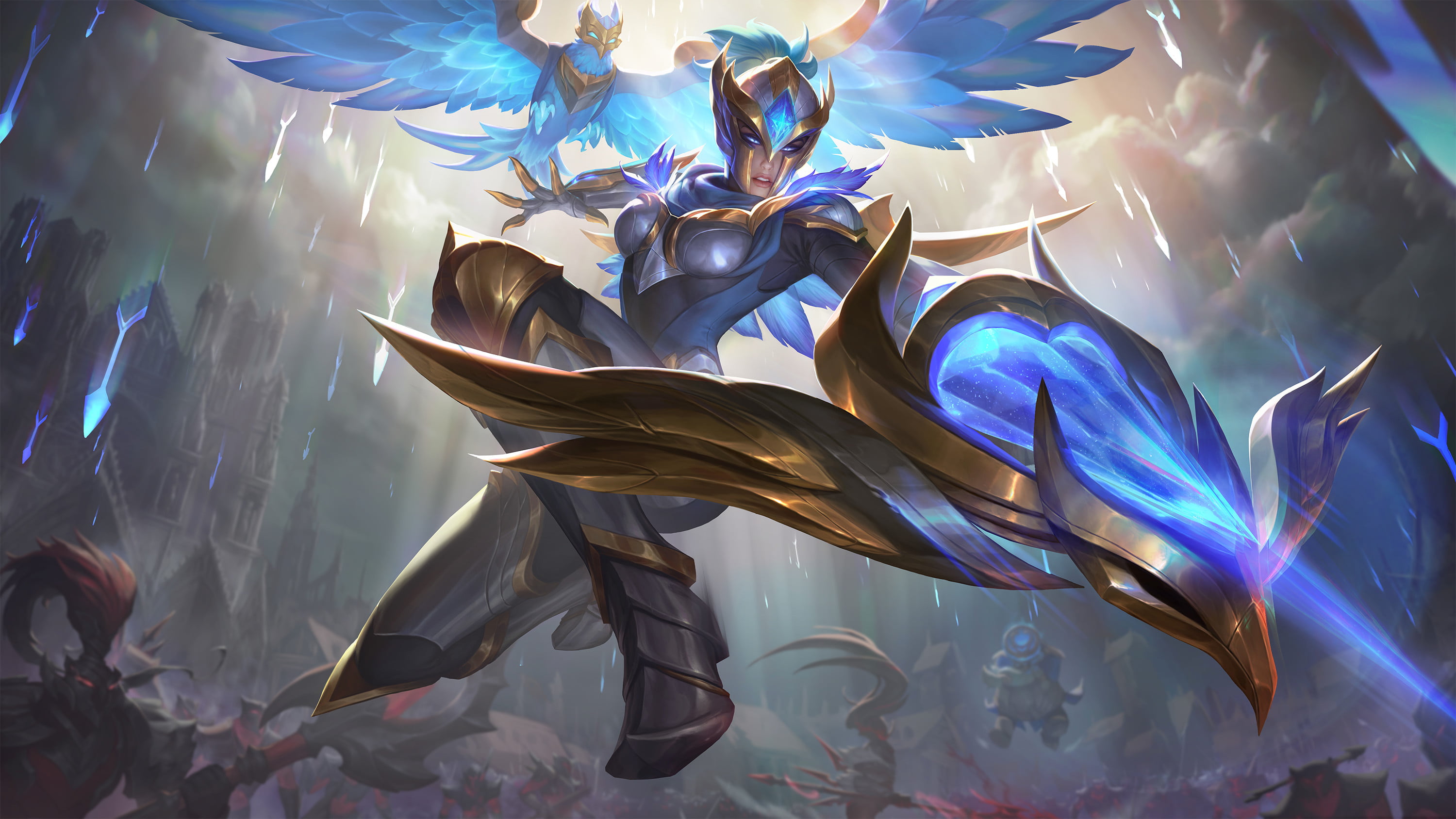 women, magic, armor, arrows, fantasy art, fighting, blue eyes, Quinn (League Of Legends), birds, drawing, League of Legends, 2K, Ina Wong, HD Wallpaper