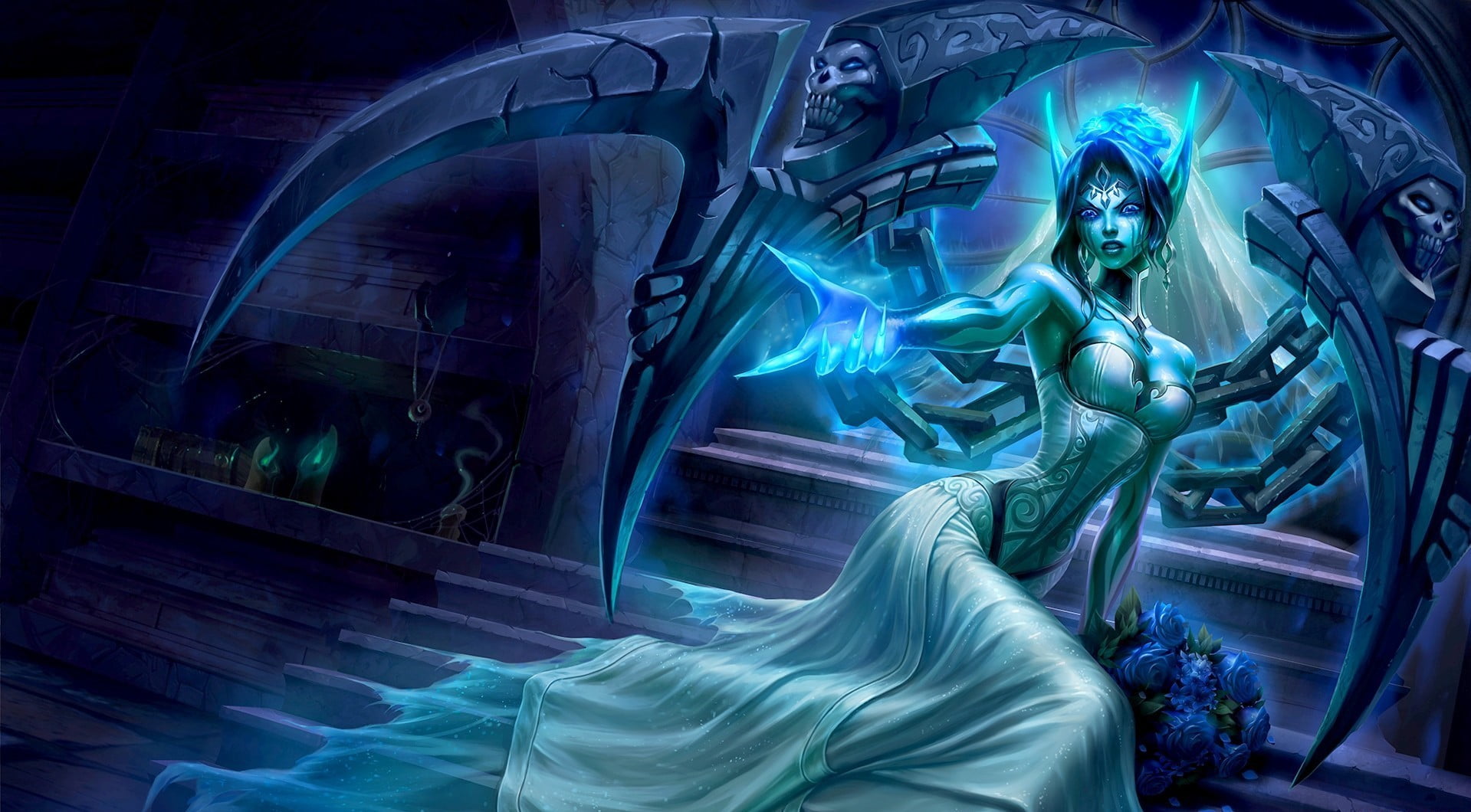 character, nature, female likeness, outdoors, fantasy art, night, built structure, Morgana (League of Legends), representation, craft, sculpture, architecture, HD Wallpaper