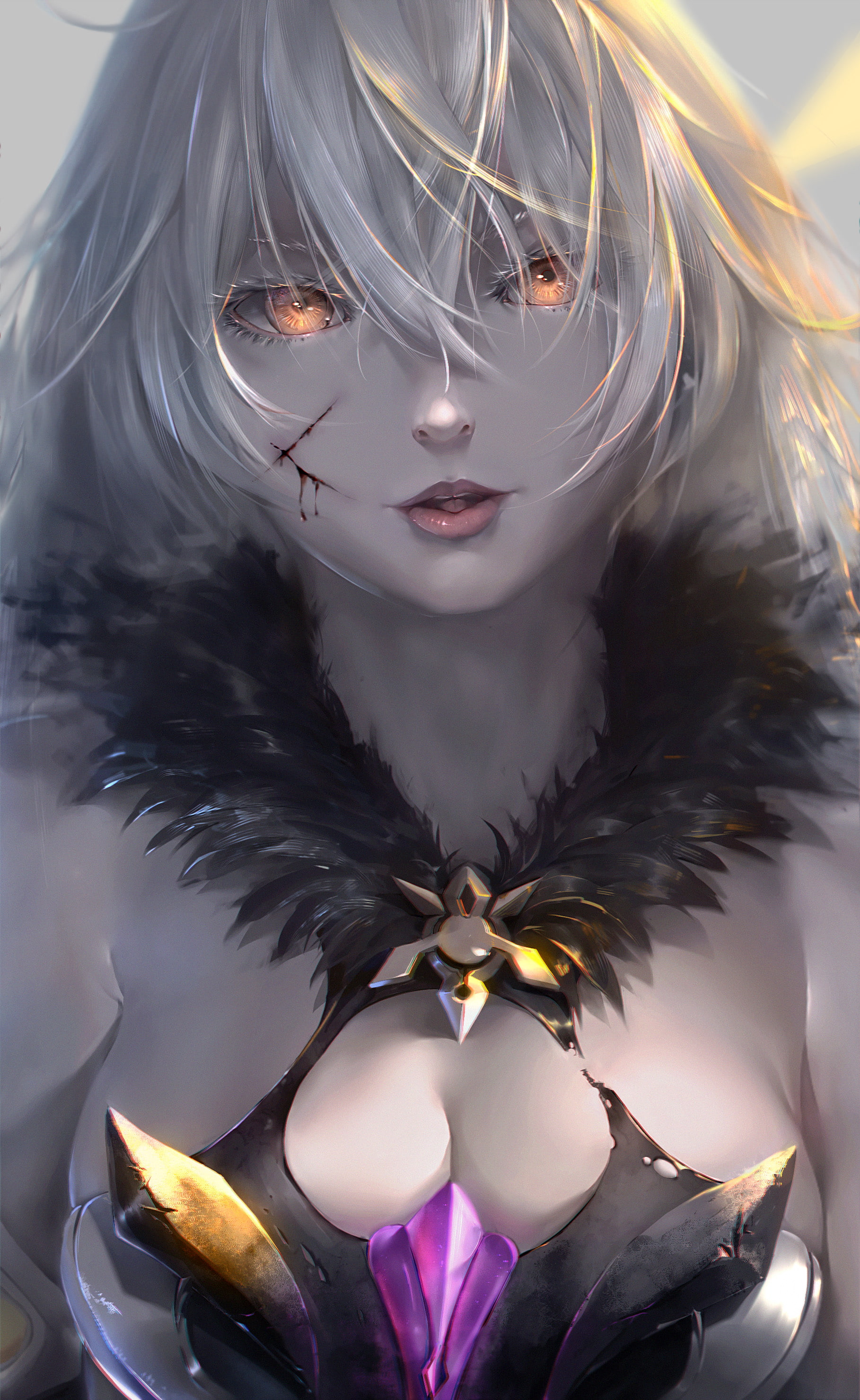 parted lips, cleavage, white hair, Honkai Impact, injured, bangs, orange eyes, white eyebrows, xuanlin jingshuang, looking at viewer, short hair, 2K, blood, Phone HD Wallpaper