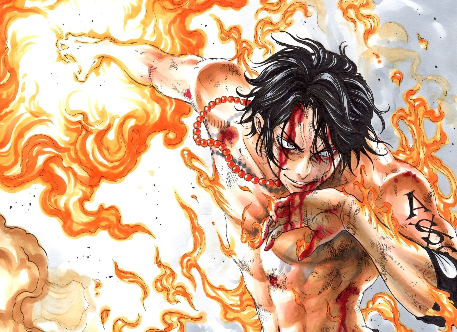 Blood, portgas, Tattoo, Portgas D. Ace, Black Hair, Anime, Smile, ace, 1080P, Fire, One Piece, Orange, d, HD Wallpaper