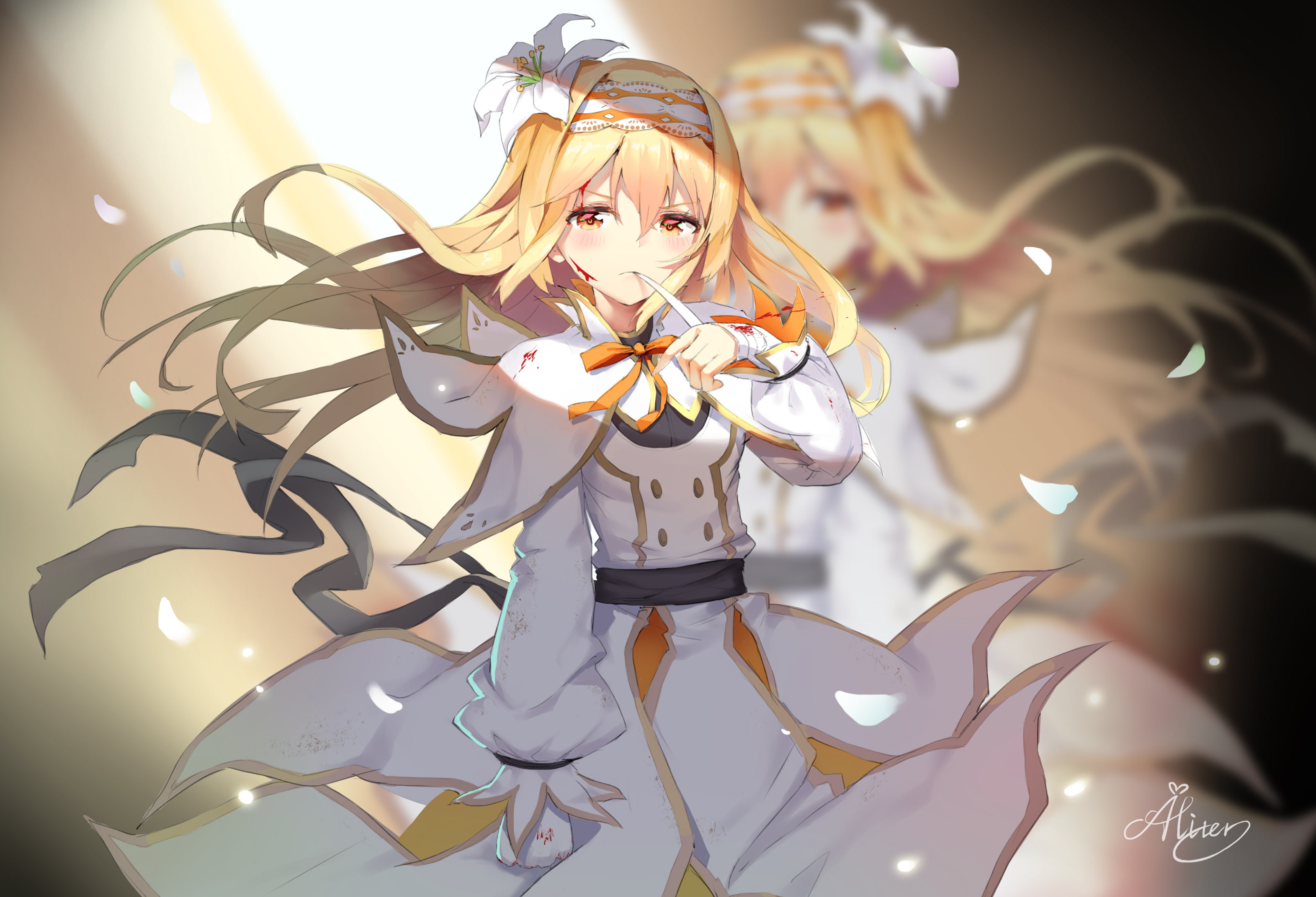 blonde, hair, orange, 2K, bandage, blood, flowers, com, shironeko, bow, signed, long, blush, ribbons, eyes, 255553, (artist), konachan, tagme, project, HD Wallpaper