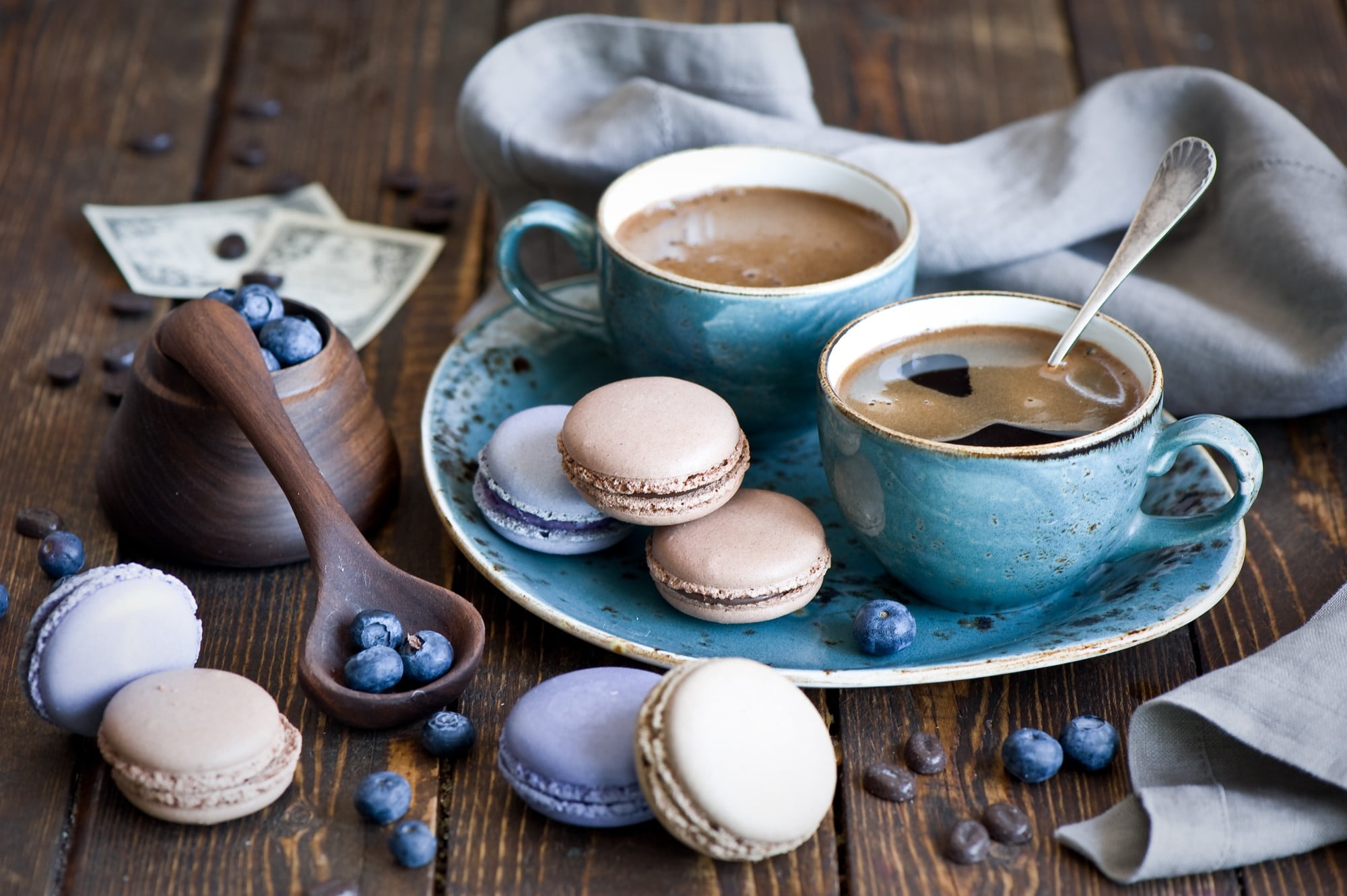 blueberries, blue, crockery, food and drink, coffee, tea cup, saucer, high angle view, choice, variation, macaroons, teacups, indoors, cakes, eating utensil, HD Wallpaper