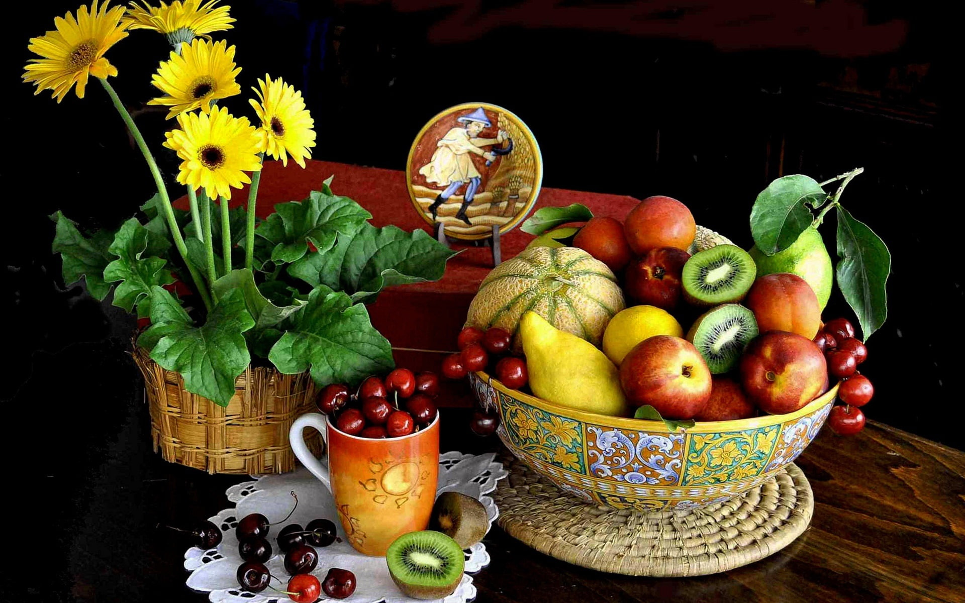 Kiwi, Melon, Pear, Flowers, Life, Still, Cherries, Fruit, 1080P, Peach, HD Wallpaper