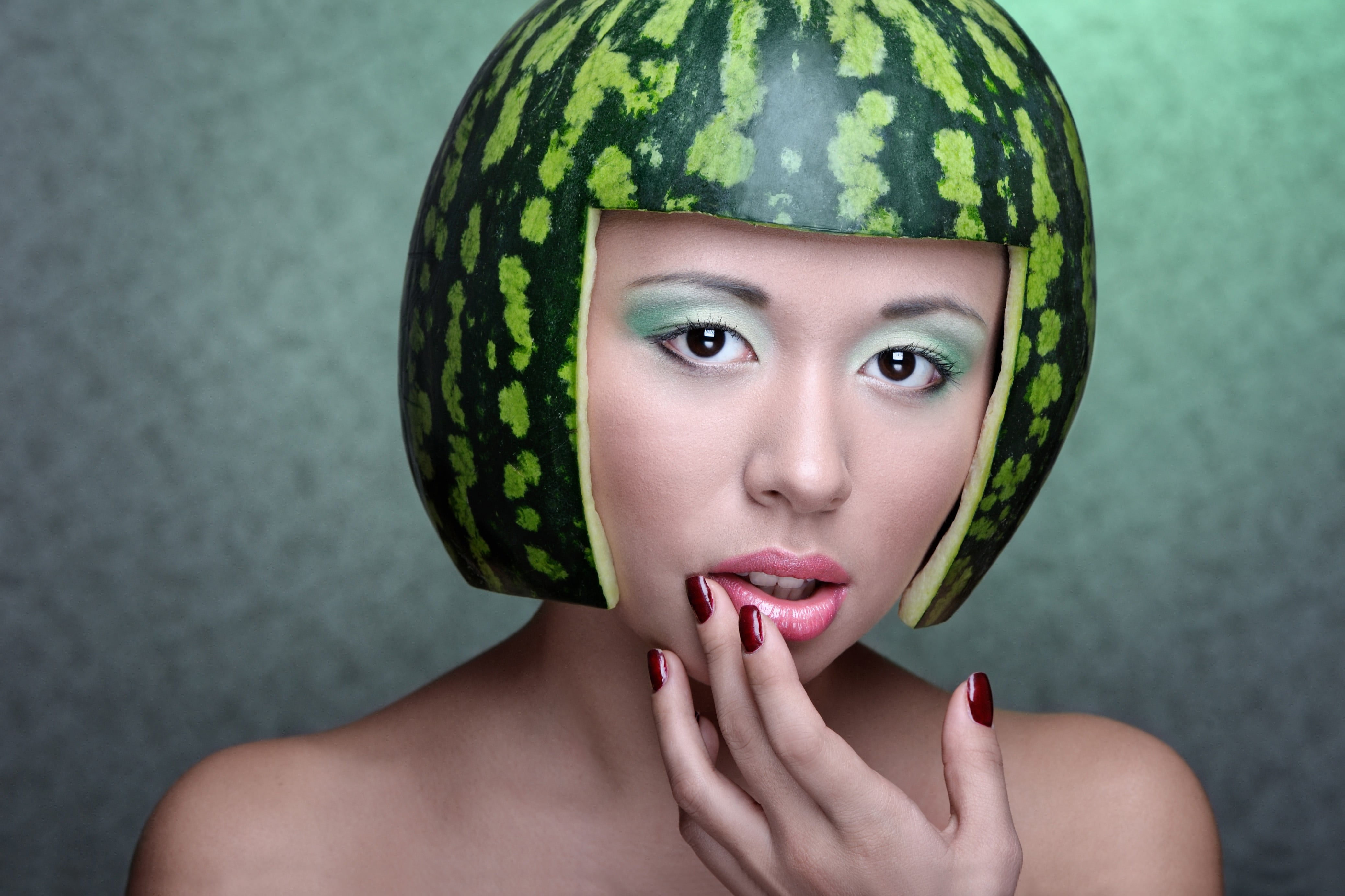 beautiful woman, headshot, portrait, hat, young adult, front view, studio shot, beauty, makeup, human face, 4K, nail, make-up, model, funny hats, melons, HD Wallpaper
