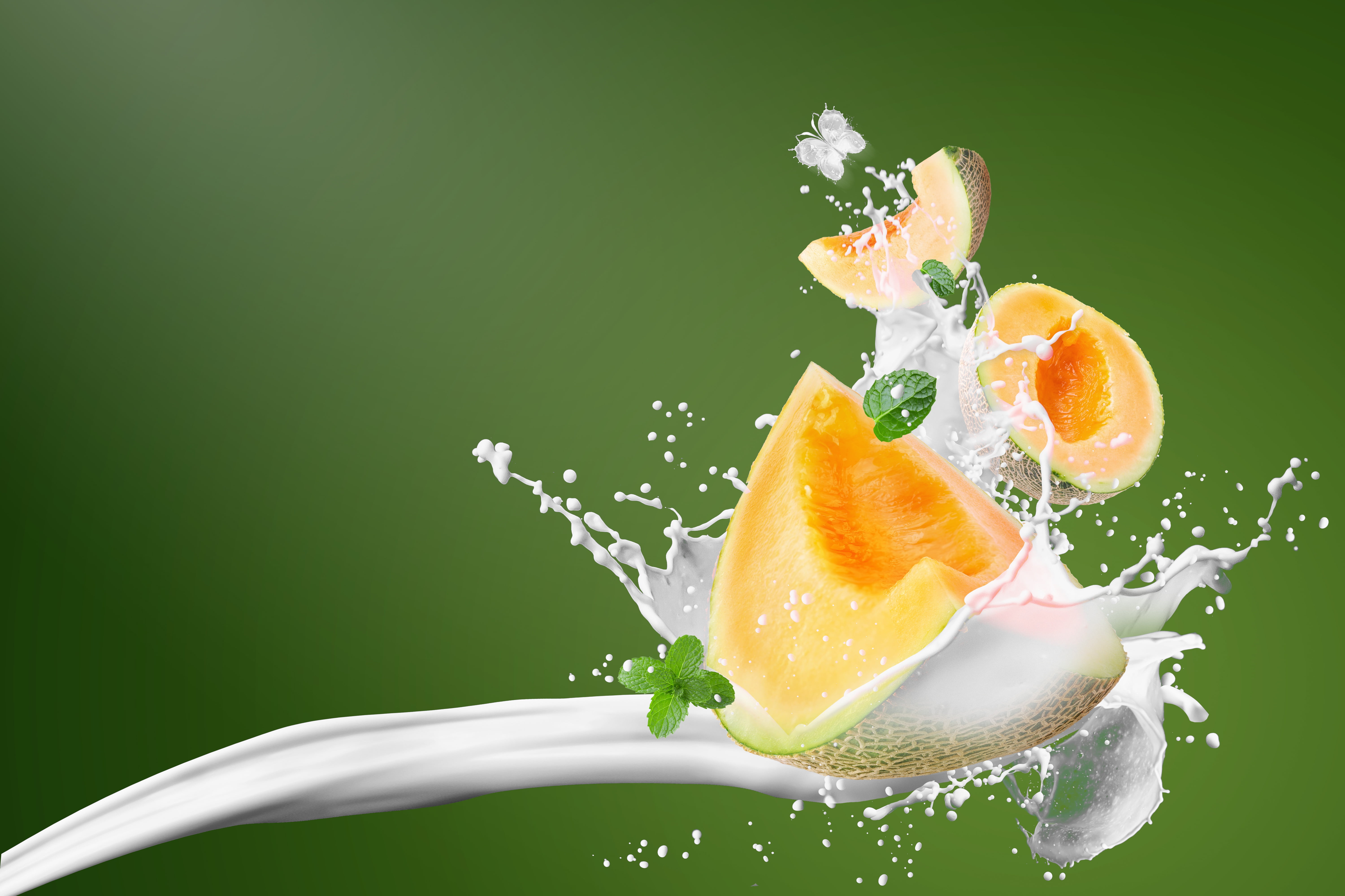 milk, 5K, splash, squirt, background, melon, HD Wallpaper