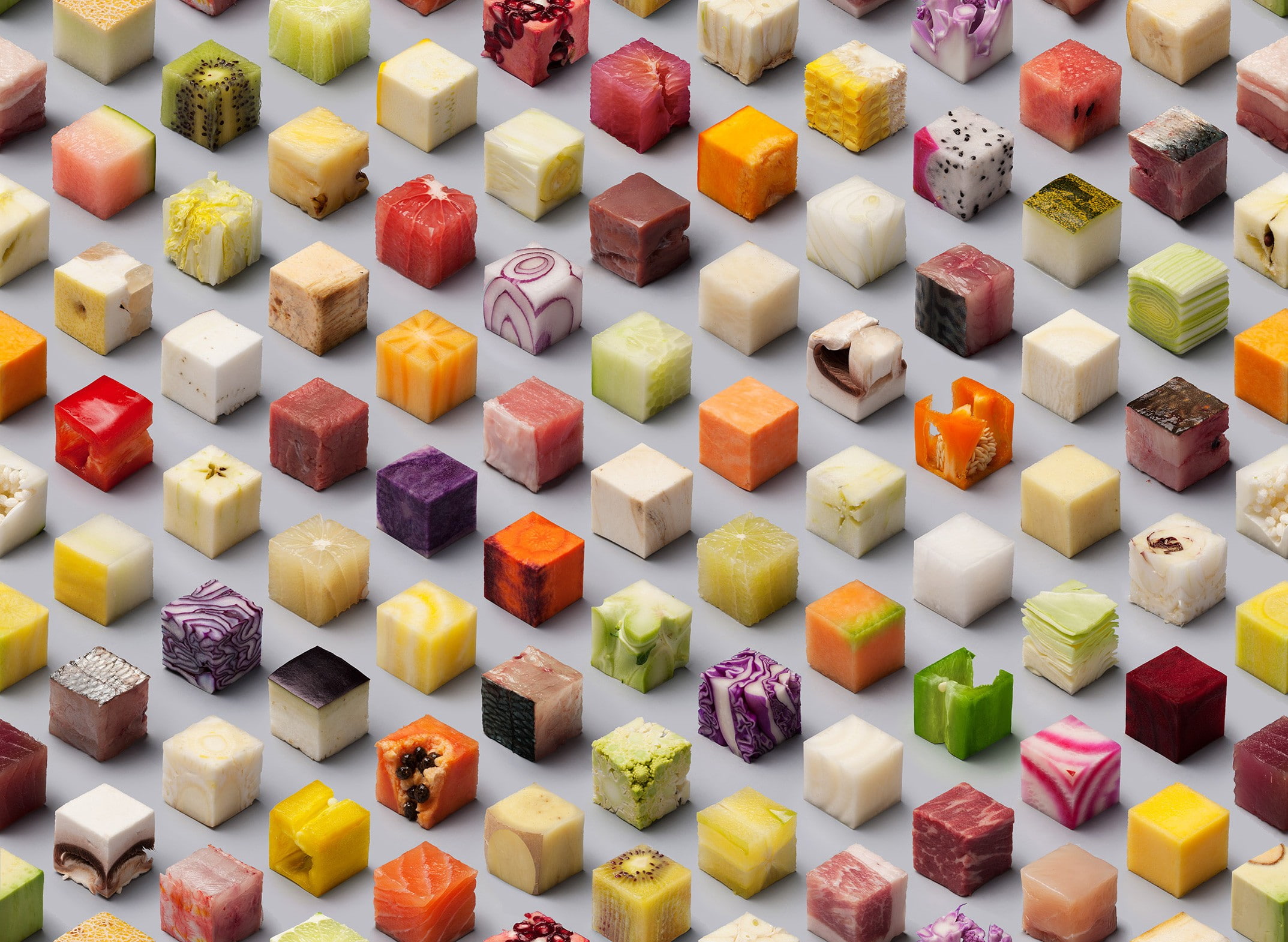 cube, food, geometry, meat, bell peppers, carrots, cucumbers, 1080P, minimalism, avocados, papayas, orange (fruit), paprika (spice), simple background, HD Wallpaper