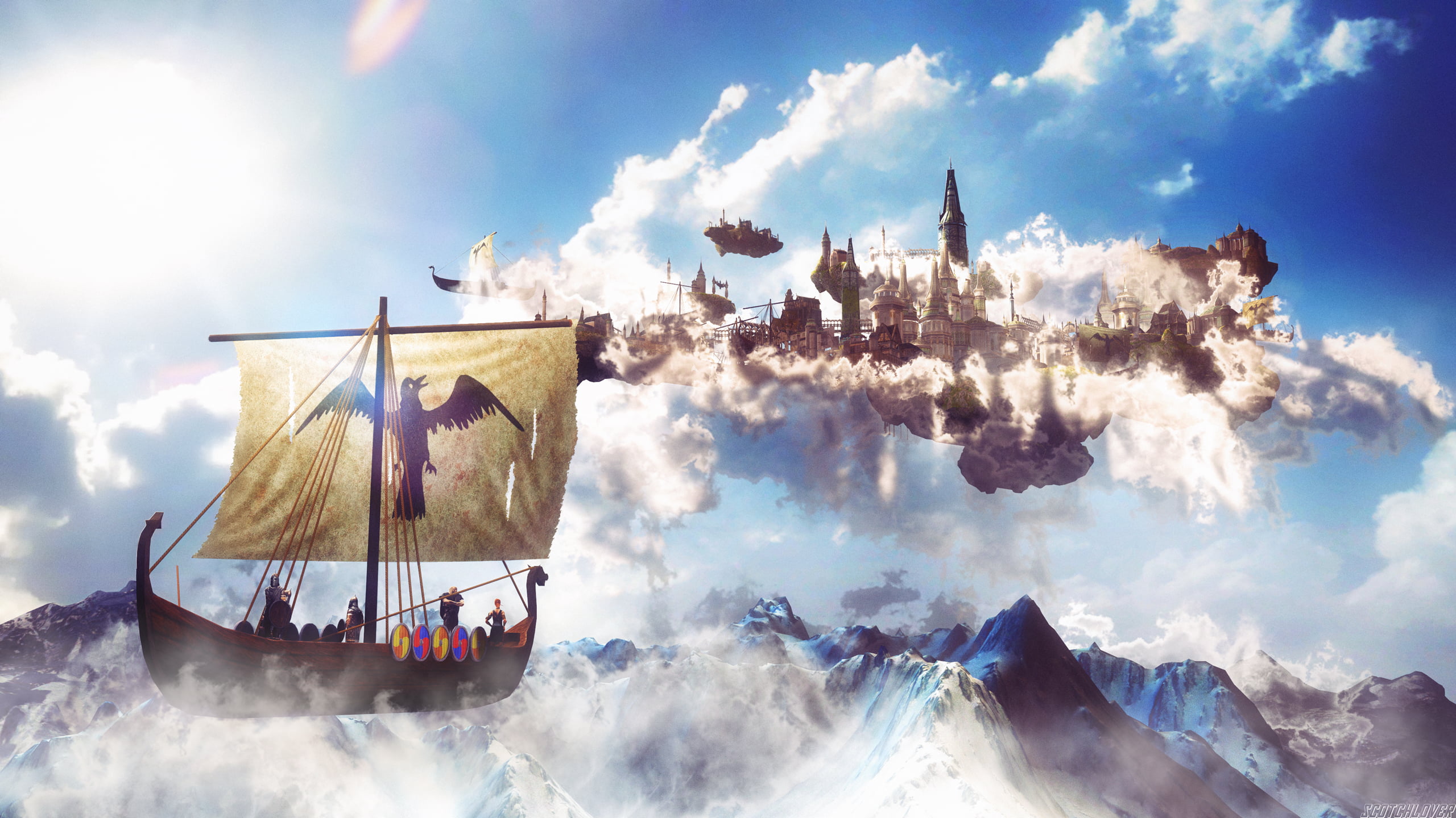 nature, fantasy art, Vikings, Scotchlover, mountains, tower, digital art, mist, 2K, artwork, clouds, castle, sailing ship, HD Wallpaper