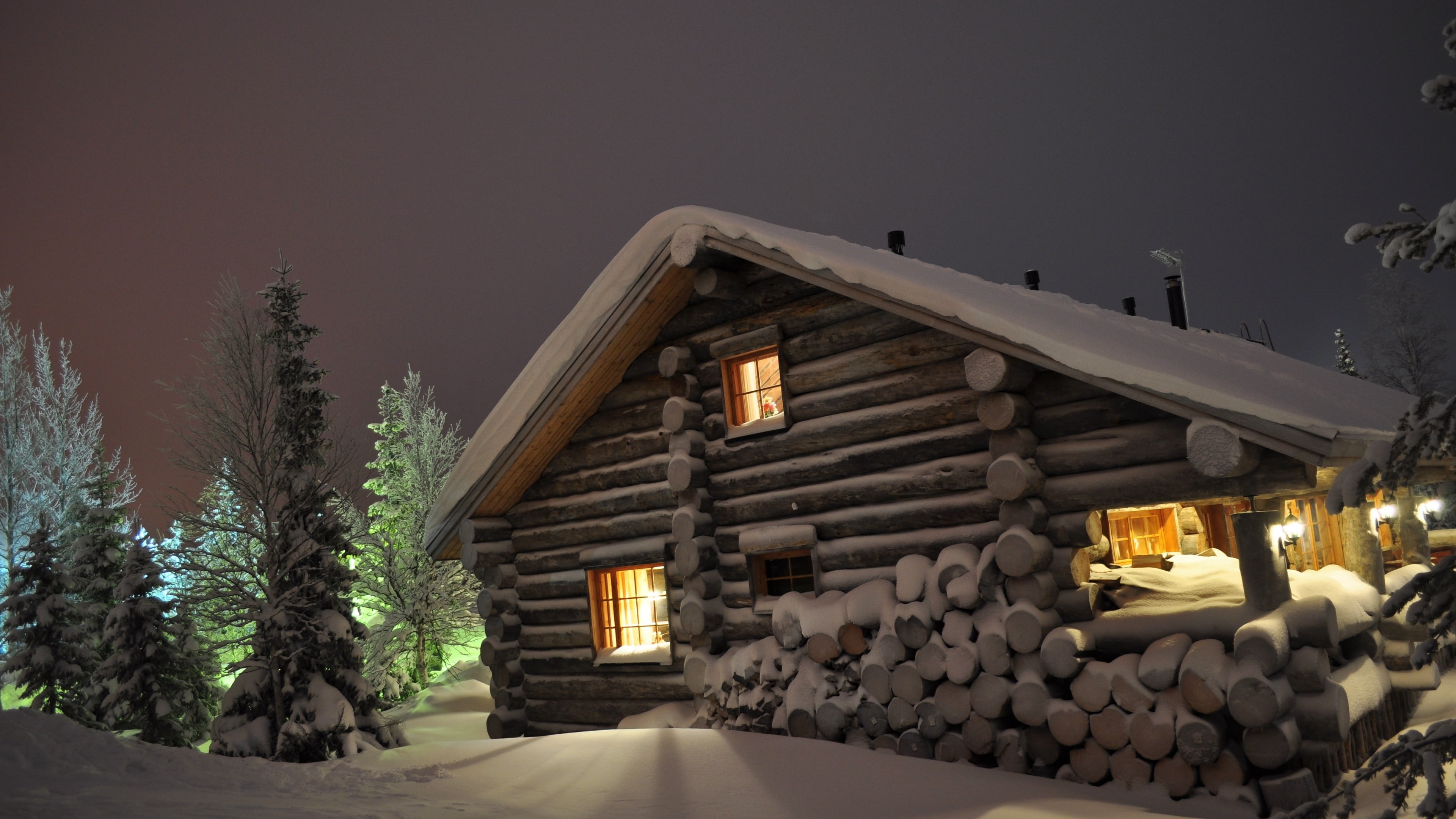 wooden, cold temperature, brown, 4K, lounge, cabin, landscape, winter, lighting equipment, dusk, night, decoration, building, house, built structure, architecture, HD Wallpaper