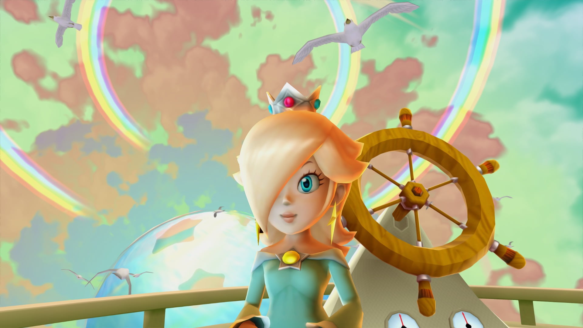 toy, low angle view, representation, no people, Rosalina (Mario), female likeness, close-up, sky, window, Mario, nature, 1080P, multi colored, art and craft, HD Wallpaper