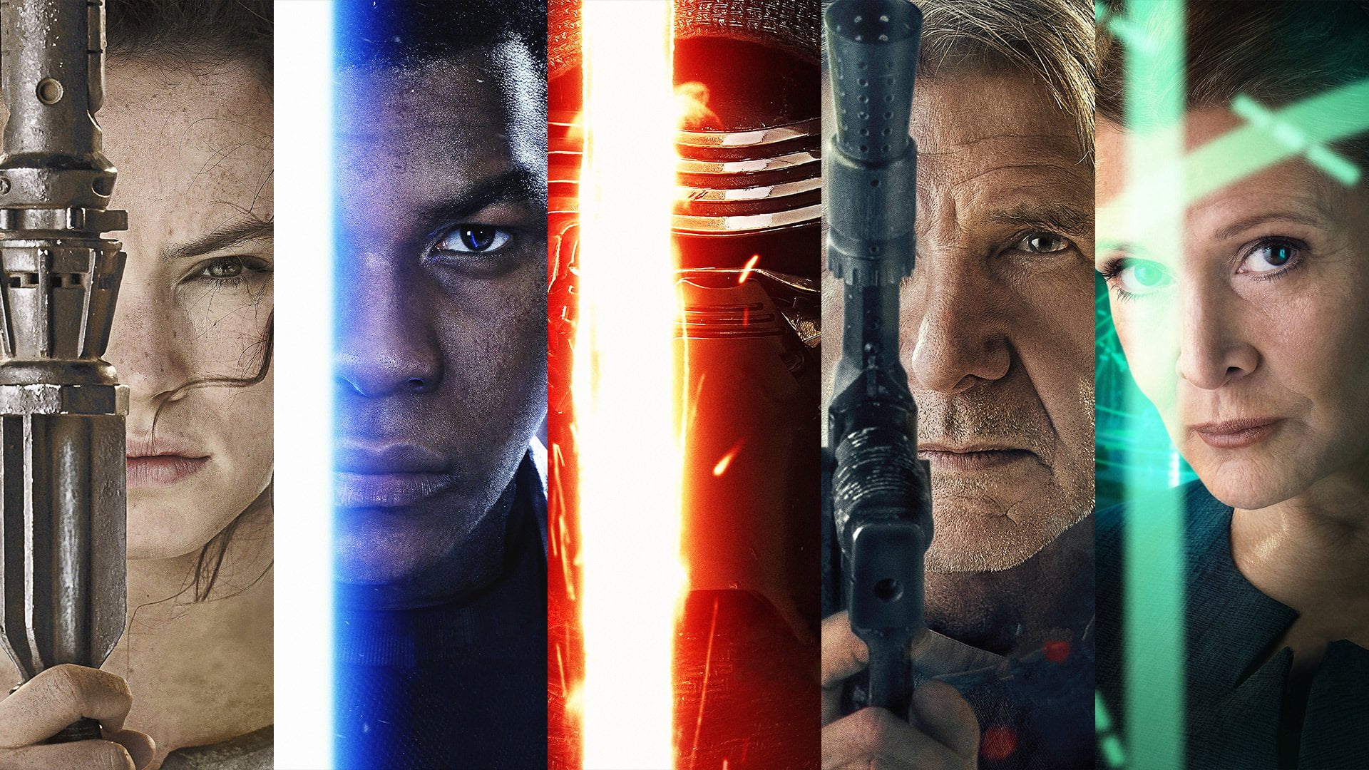 close-up, human face, Harrison Ford, front view, headshot, Finn (Star Wars), Carrie Fisher, portrait, representation, Rey (Star Wars), Han Solo, human representation, HD Wallpaper