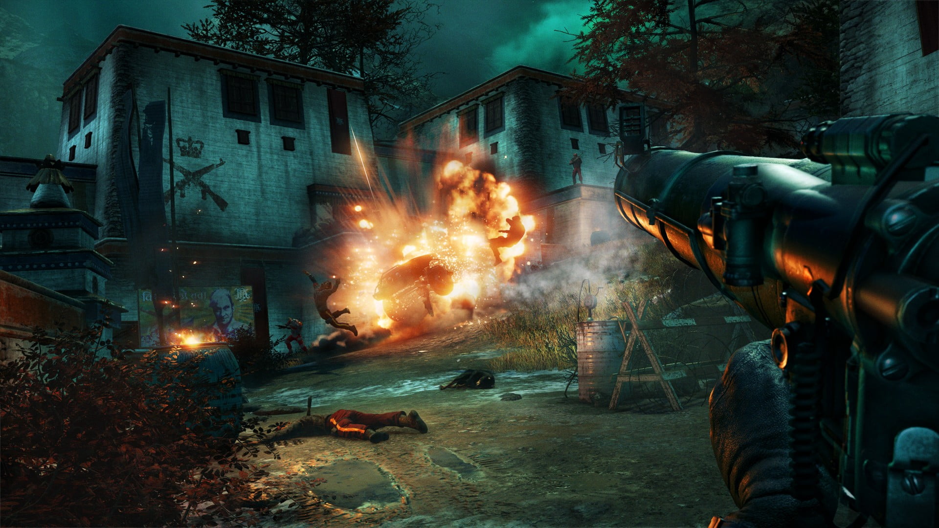 building exterior, Far Cry 4, d, 1080P, night, street, city, black, residential district, building, nature, fire, destruction, fire - natural phenomenon, HD Wallpaper