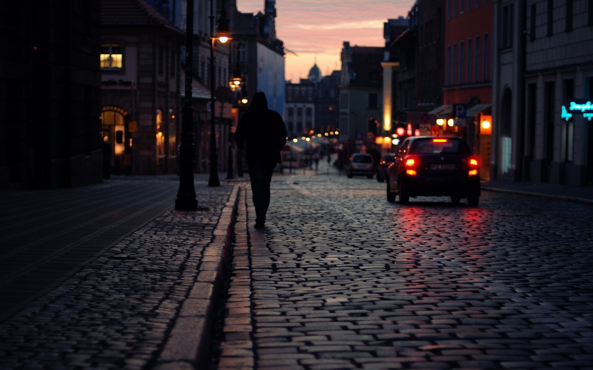 Poznan, street, car, 1080P, Erik Witsoe, road, lights, sunset, HD Wallpaper