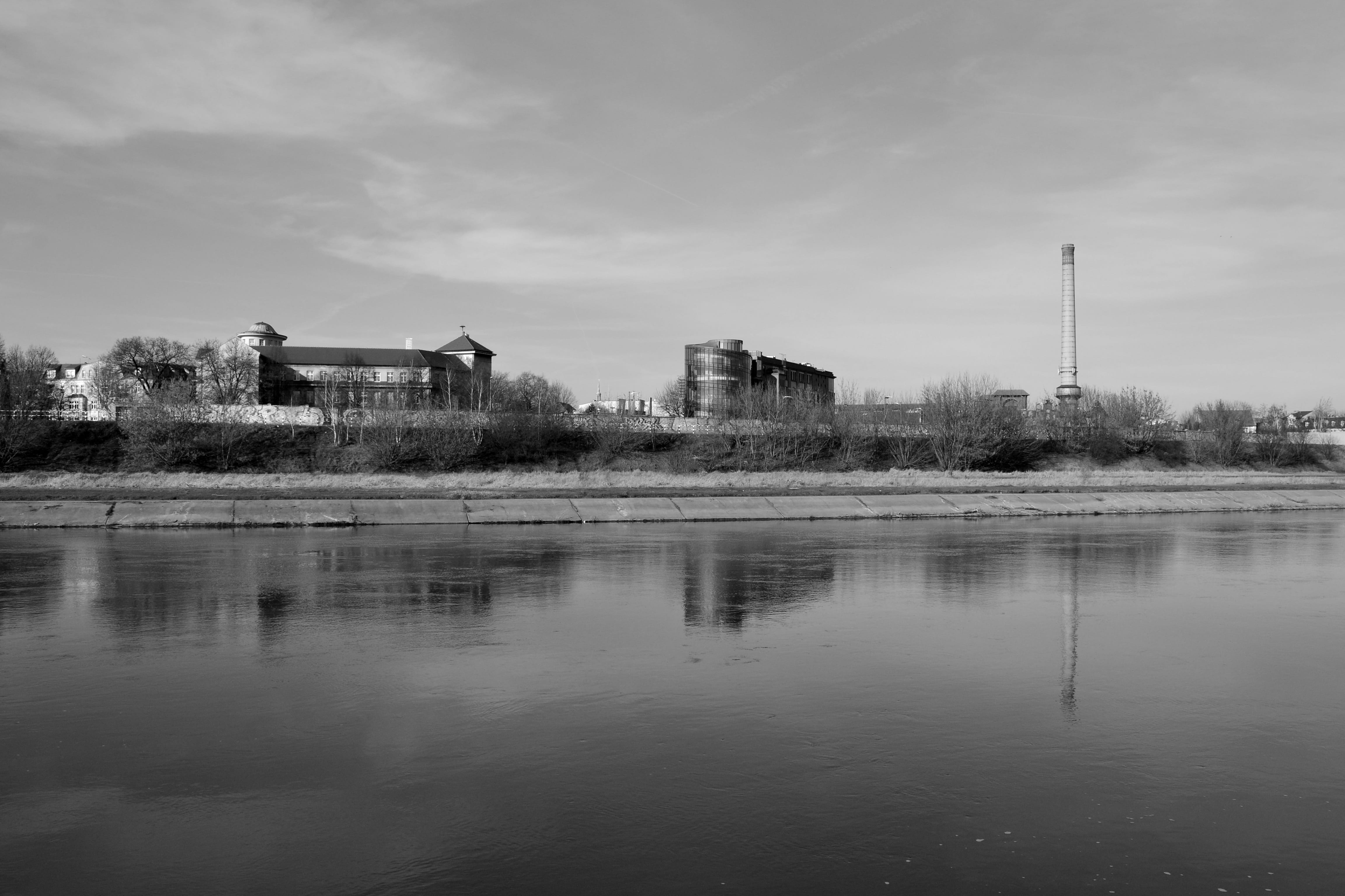 building exterior, water, summer, reflection, wielkopolska, factory, black and white, residential district, cloud - sky, waterfront, no people, building, HD Wallpaper