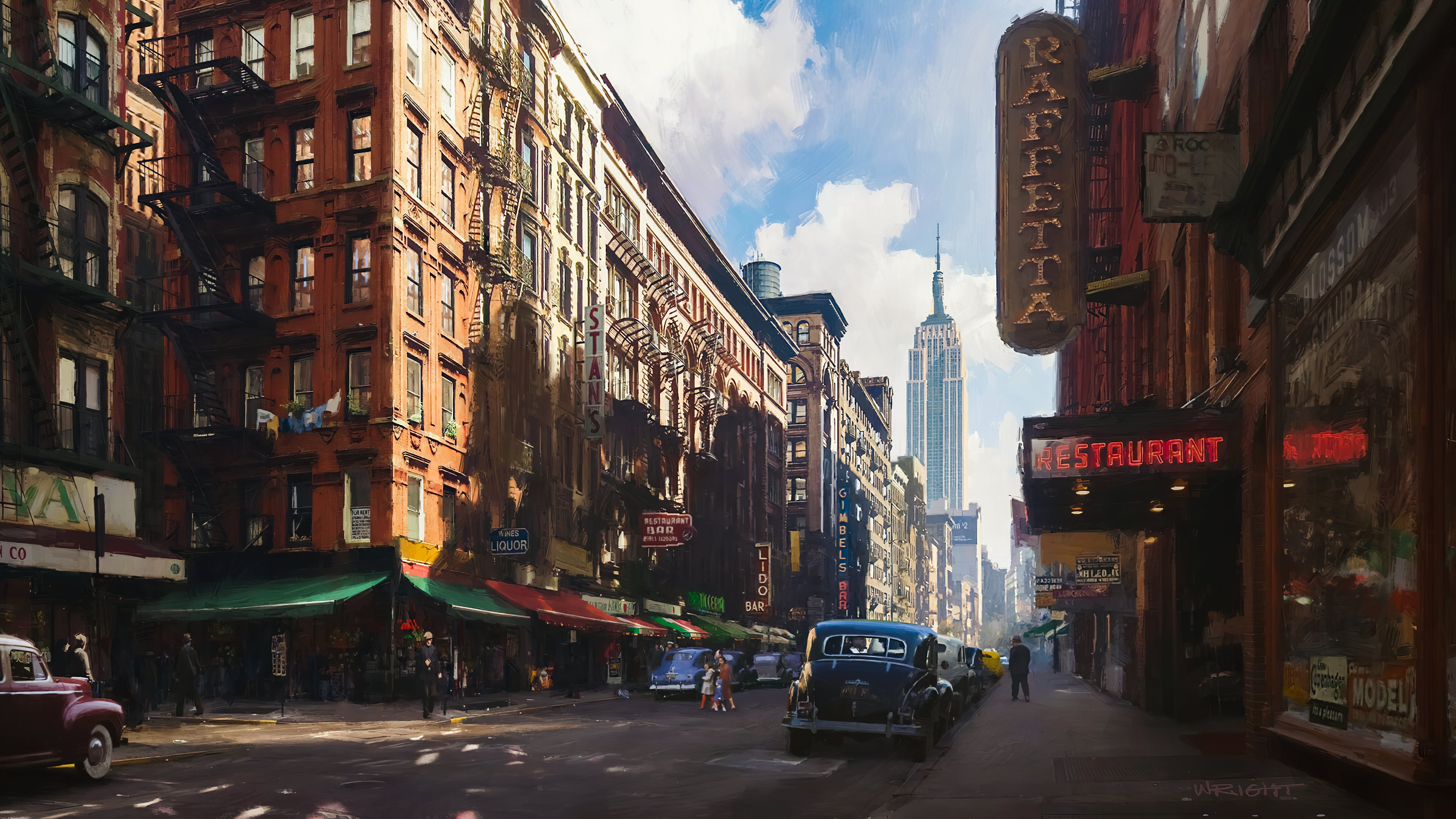 car, 4K, Market, stores, building, The Godfather, people, artwork, old school wheels, old building, digital, clouds, 1900s, HD Wallpaper