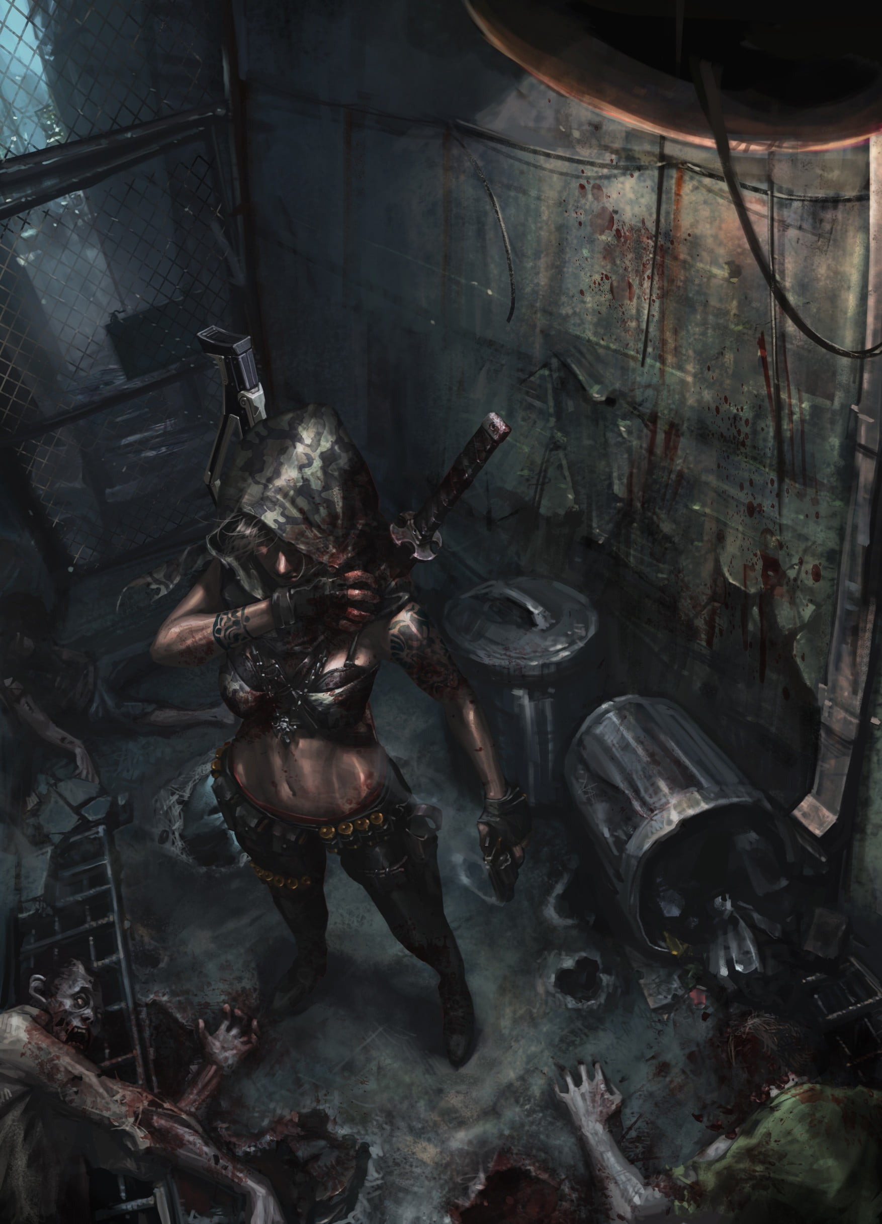 built structure, messy, dirt, sword, fantasy art, destruction, no people, decline, metal, 1080P, day, abandoned, architecture, obsolete, indoors, girls with guns, Phone HD Wallpaper