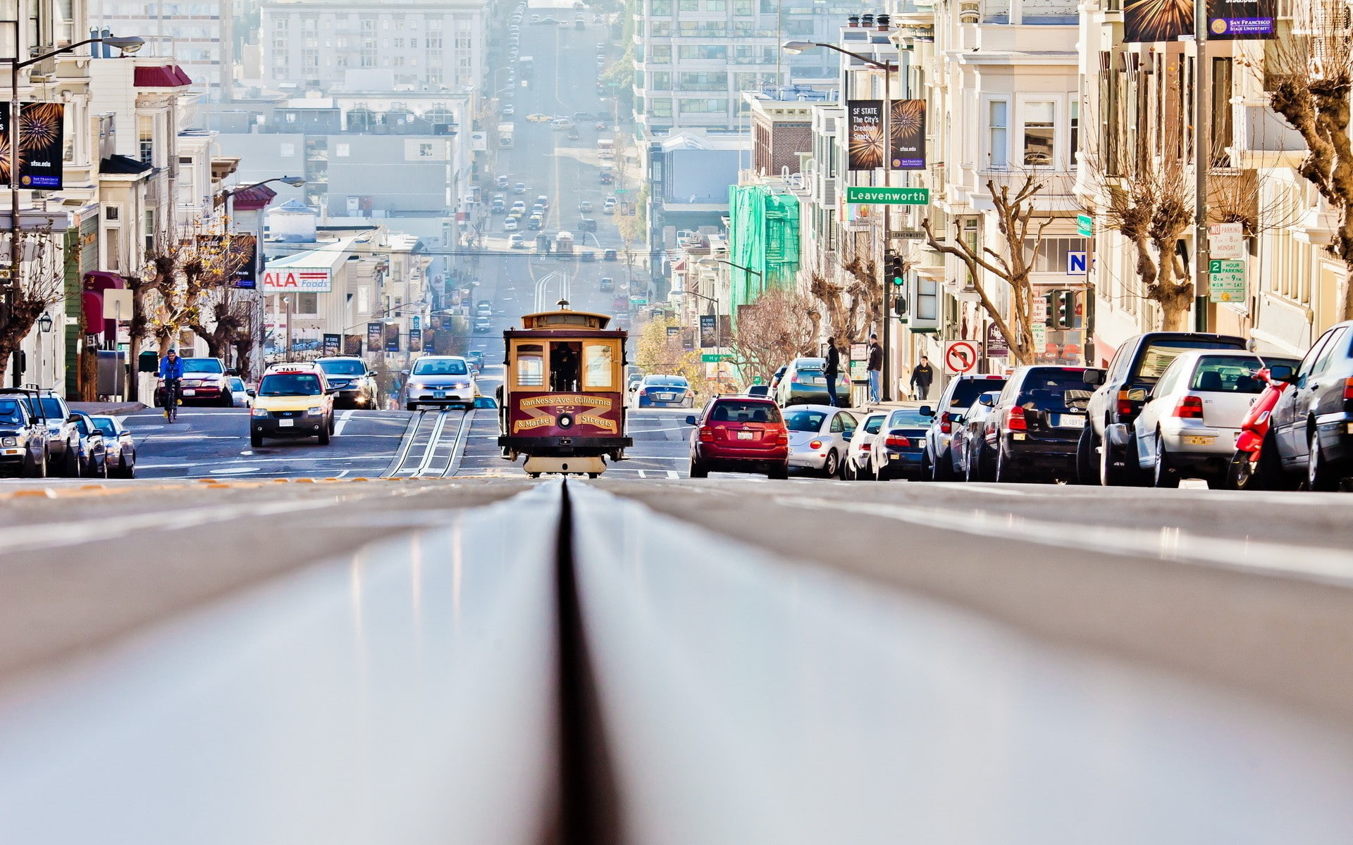 cityscape, San Francisco, road, car, worms eye view, transport, city, closeup, 1080P, landscape, tram, street, HD Wallpaper