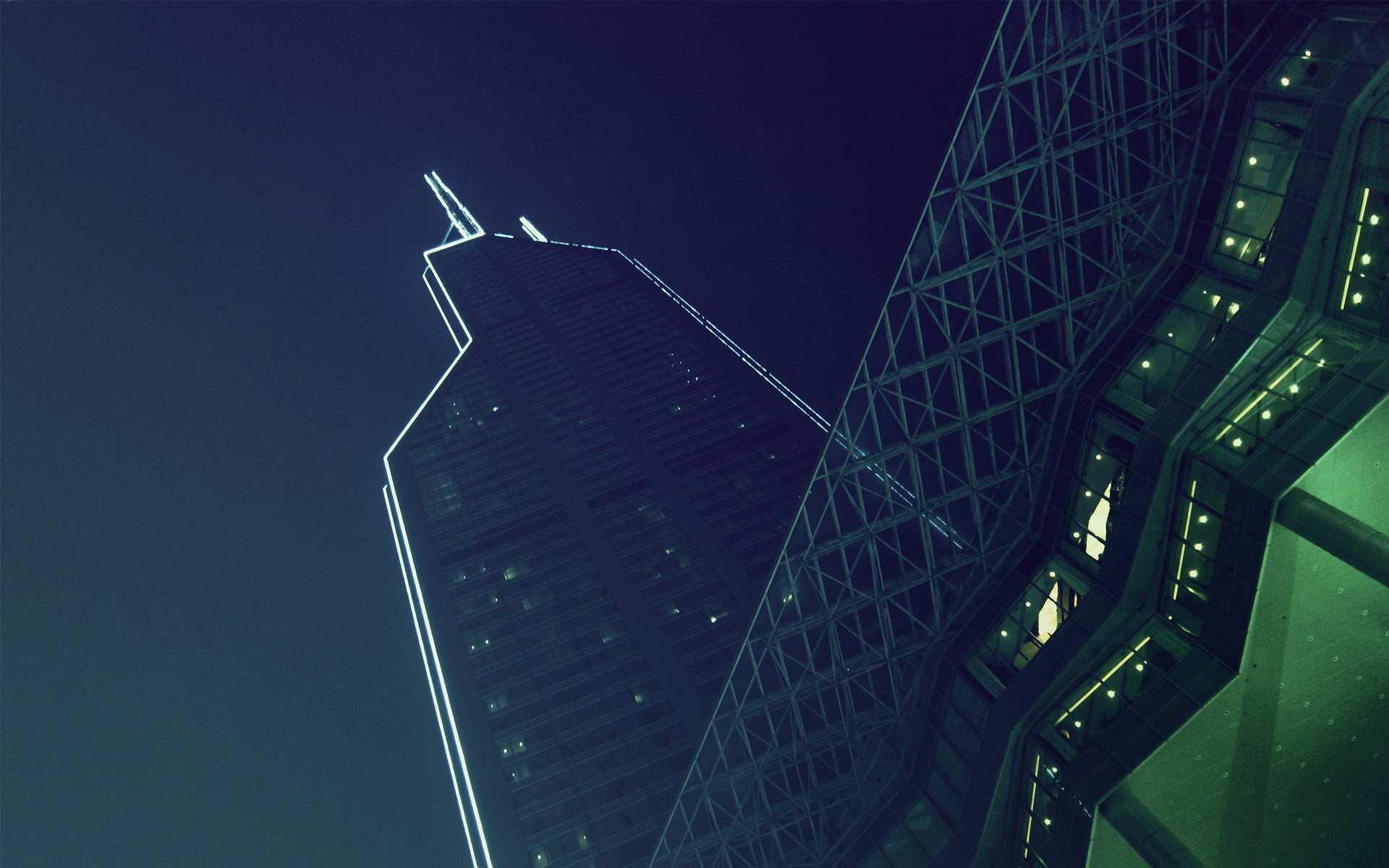 photography, office building exterior, city, building exterior, office, low angle view, worms eye view, sky, night, skyscraper, blue, urban, illuminated, HD Wallpaper