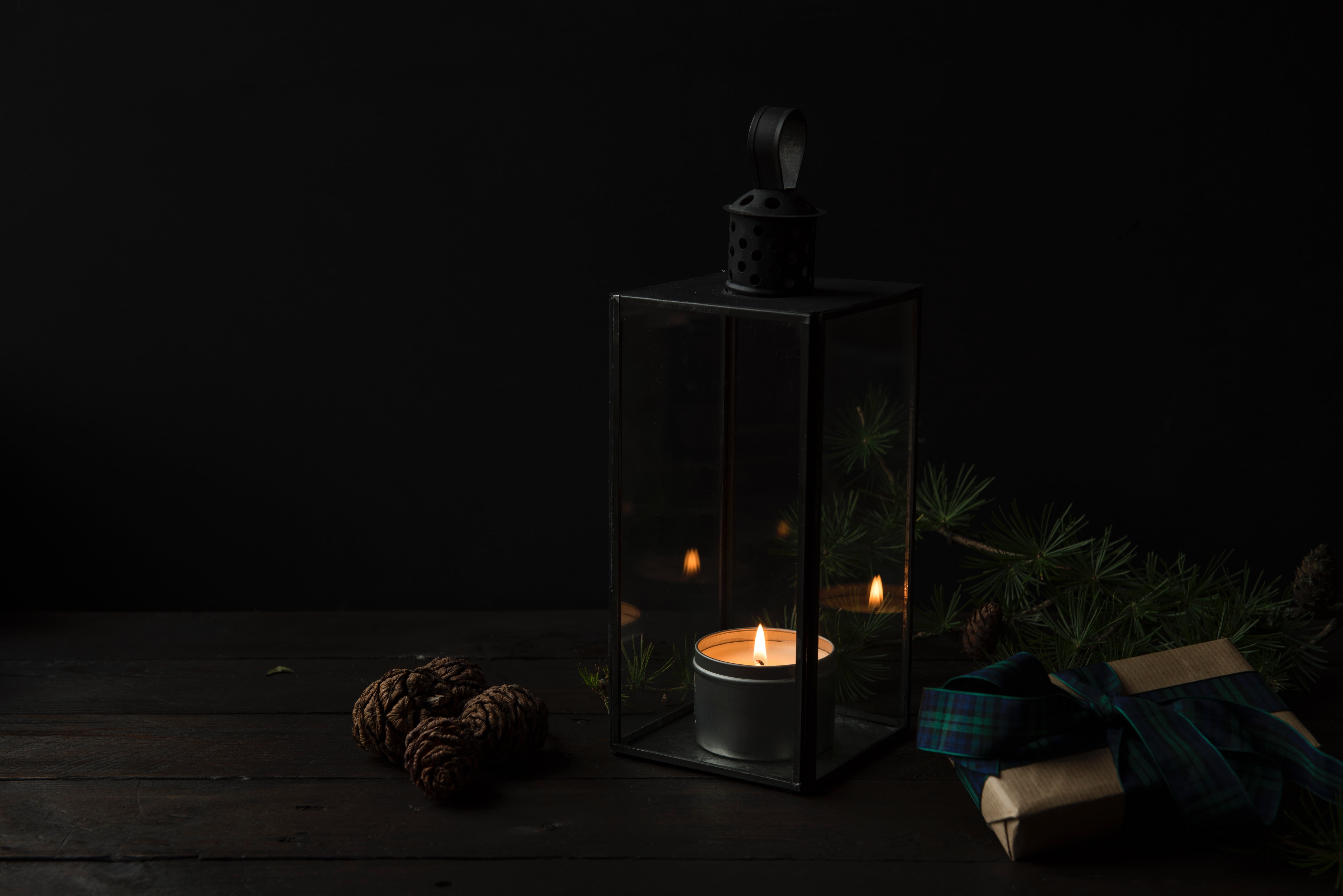 indoors, retro Styled, black Color, holiday, rectangular, tea light, brown, candle, electric Lamp, old-fashioned, gift, decoration, winter, white, copy space, HD Wallpaper