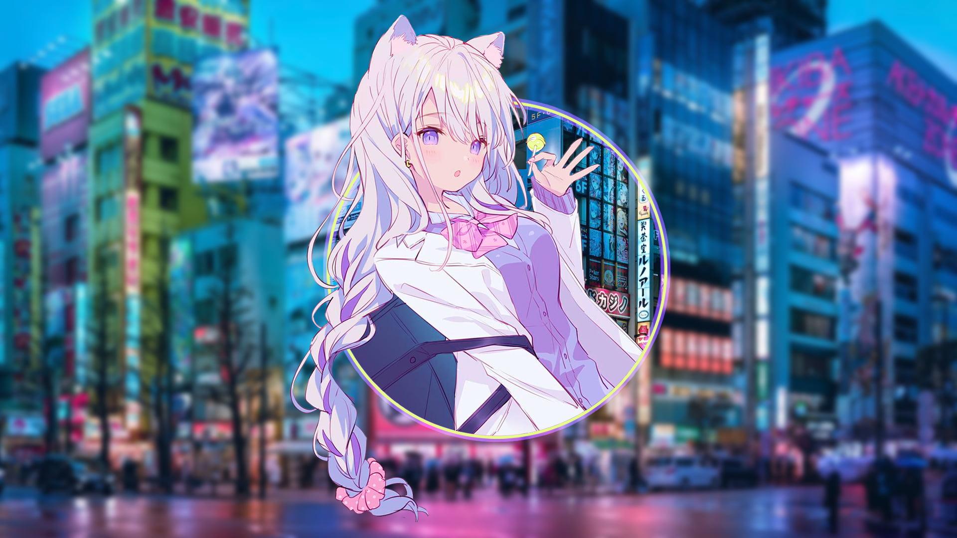 Akihabara, picture-in-picture, Japan, 1080P, neko ears, HD Wallpaper