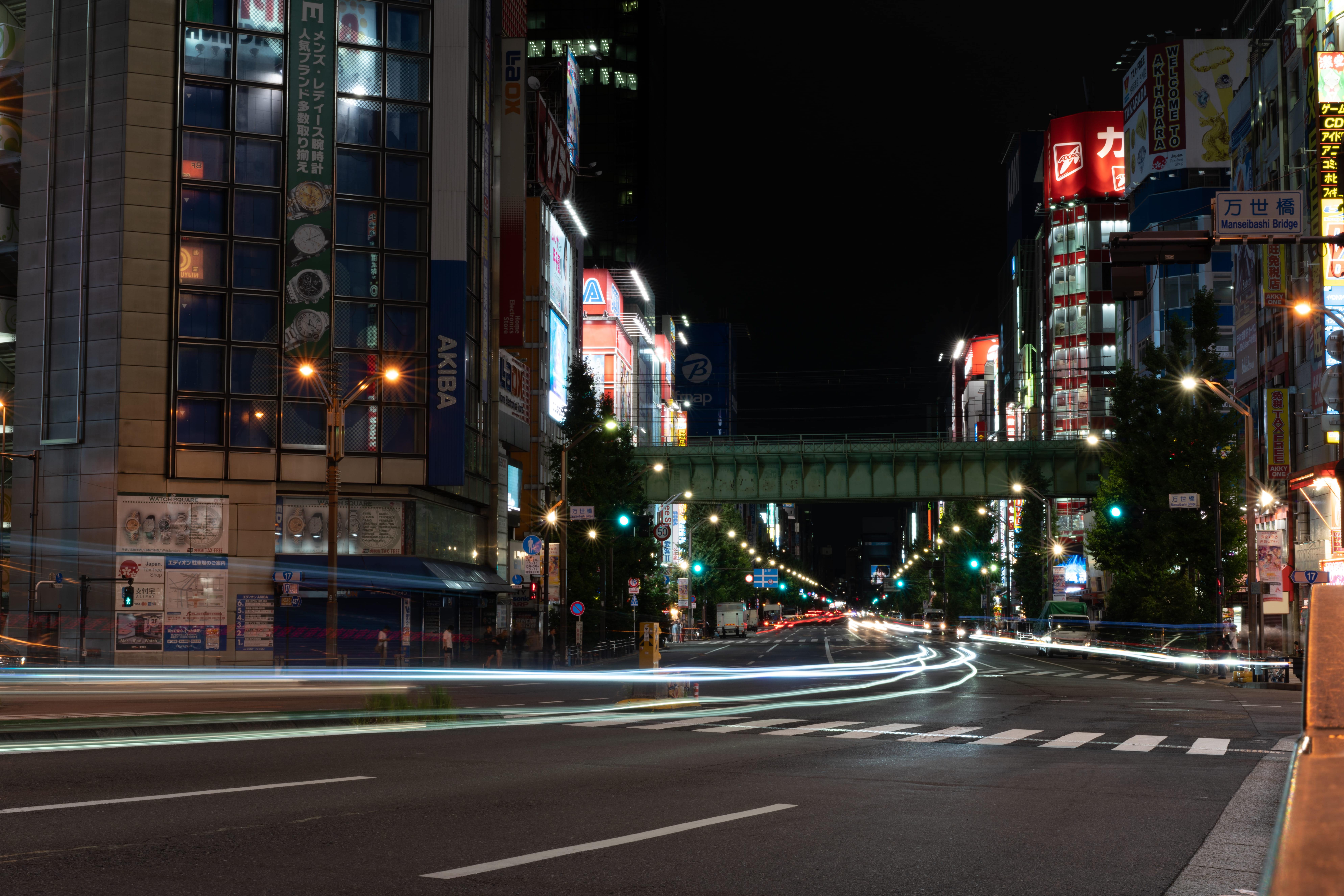 akihabara, road marking, building exterior, architecture, street, long exposure, sign, built structure, speed, symbol, 8K, japan, marking, night, motion, HD Wallpaper