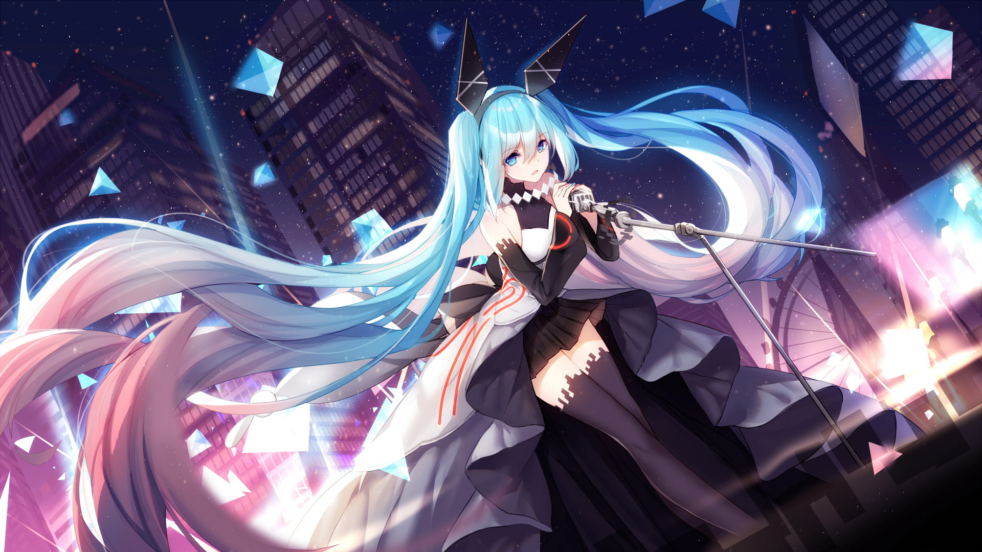 microphone, bow, city, 1080P, sky, thighhighs, 256460, skirt, building, long, headband, vocaloid, twintails, hatsune, hair, aqua, bisonbison, miku, stars, HD Wallpaper
