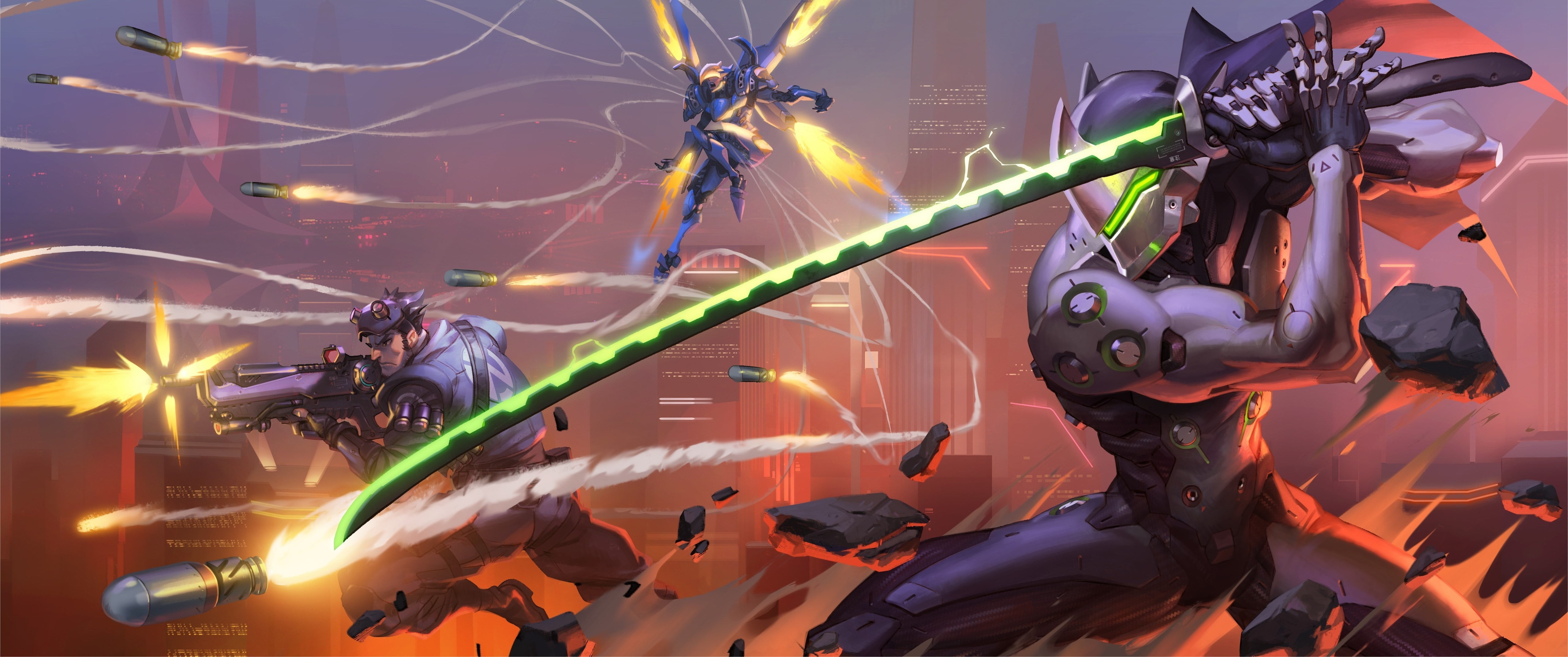 Overwatch, amusement park, 4K, amusement park ride, game, skyscraper, alien, fantasy, sugoi, tracer ammunition, backgrounds, man, Genji, digital, transportation, HD Wallpaper