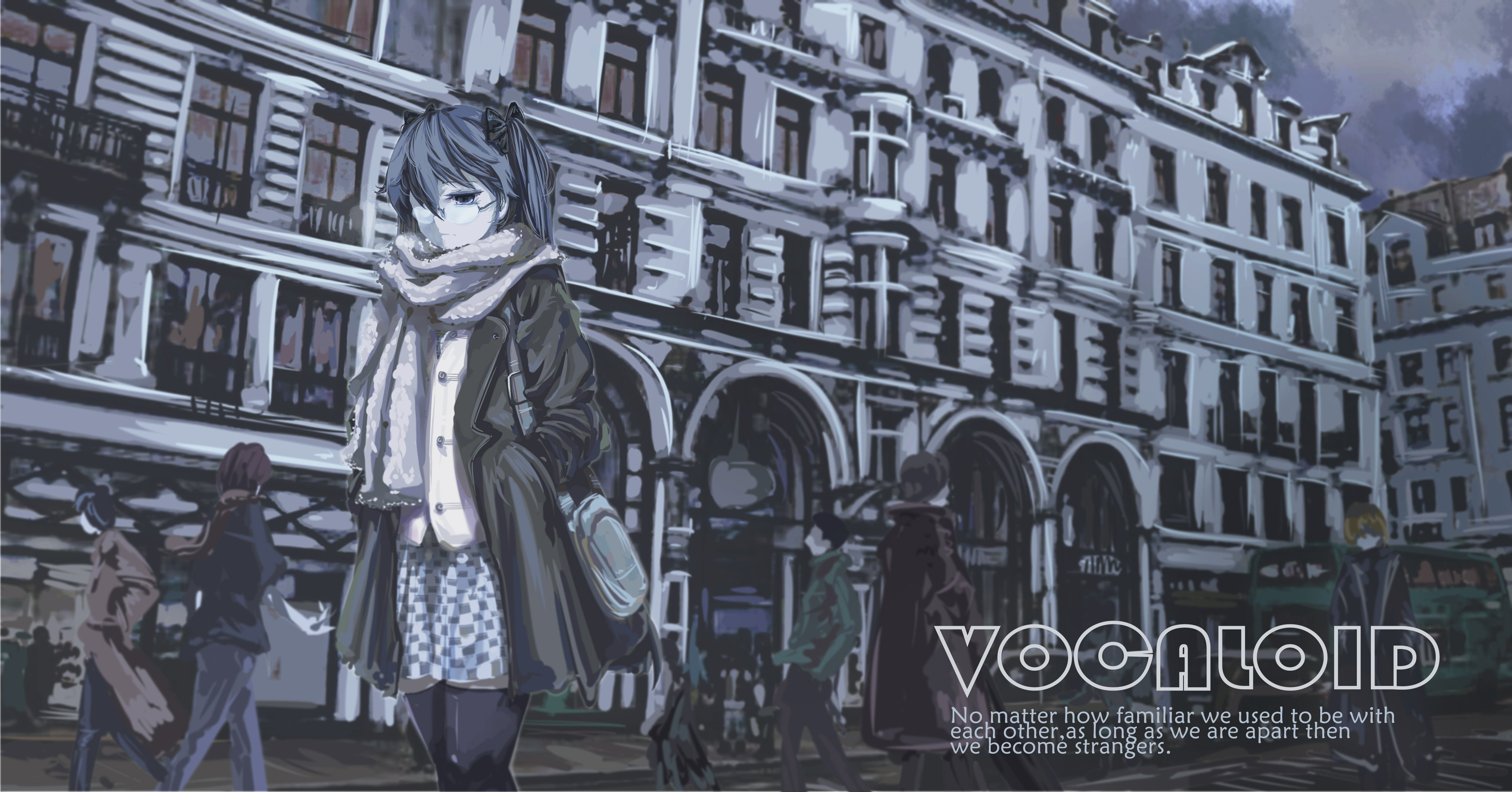 miku, ryouiki, glasses, hatsune, thighhighs, 4K, vocaloid, scarf, long, hair, building, skirt, forte, monochrome, zettai, HD Wallpaper