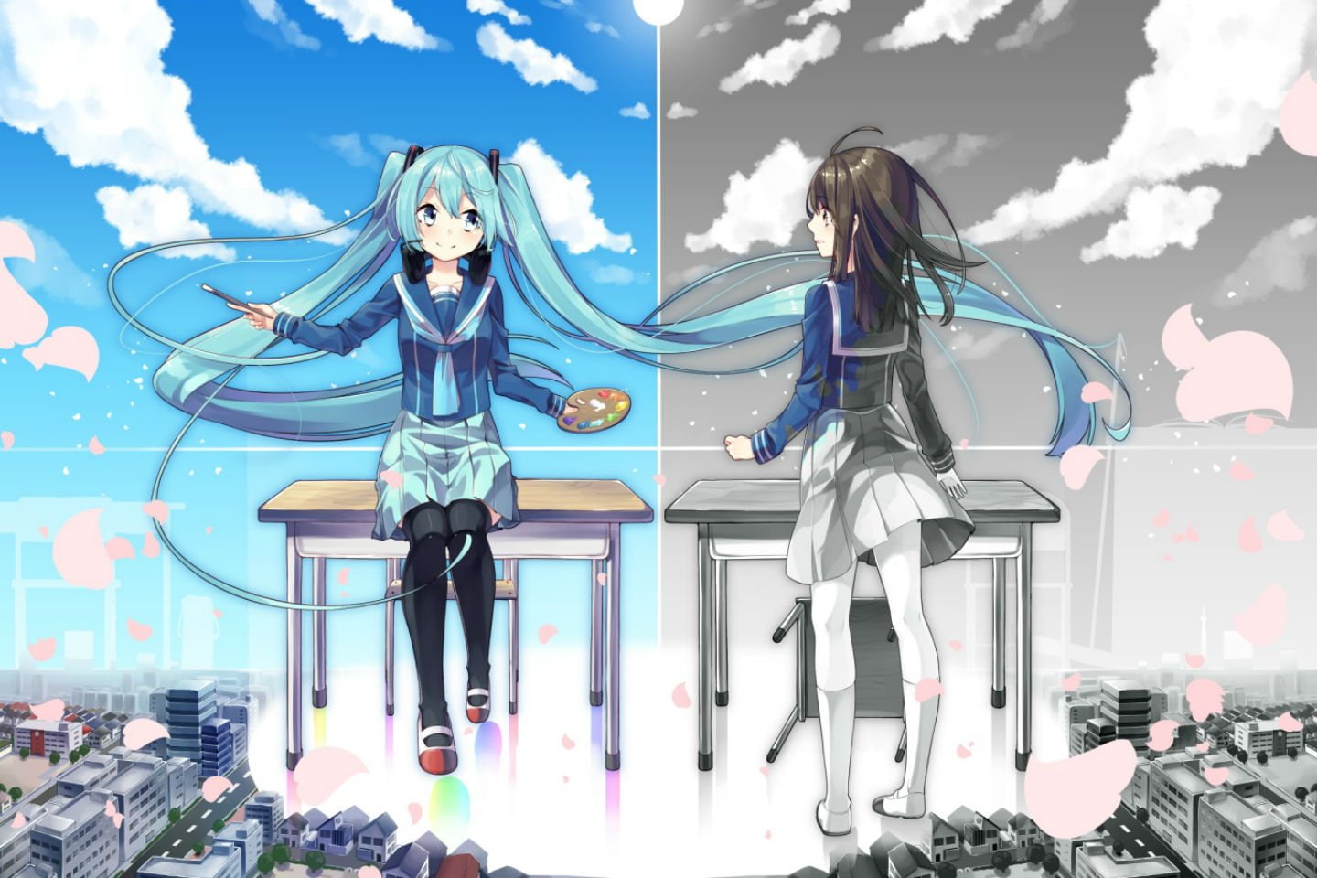 girls, aqua, petals, 720P, miku, thighhighs, clouds, hair, headphones, building, skirt, city, sky, hatsune, long, blush, vocaloid, twintails, eyes, seifuku, HD Wallpaper