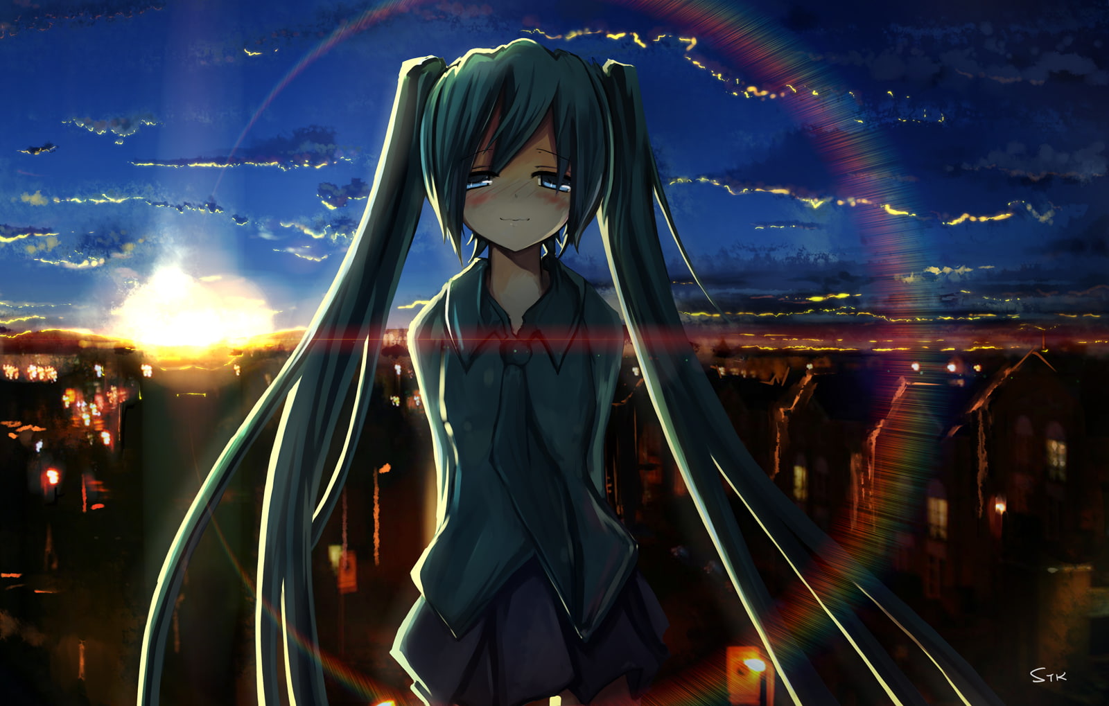 school, buildings, cities, eyes, tie, uniforms, twintails, shirts, bangs, anime, vocaloid, sunlight, flare, miku, blush, hatsune, skies, clouds, outdoors, HD Wallpaper