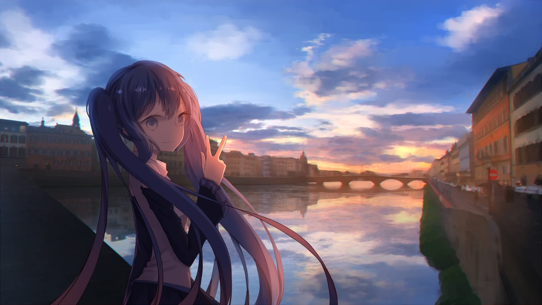 konachan, ajisashihou, city, reflection, vocaloid, 240708, miku, water, blue, twintails, building, com, 720P, hatsune, sunset, long, hair, HD Wallpaper