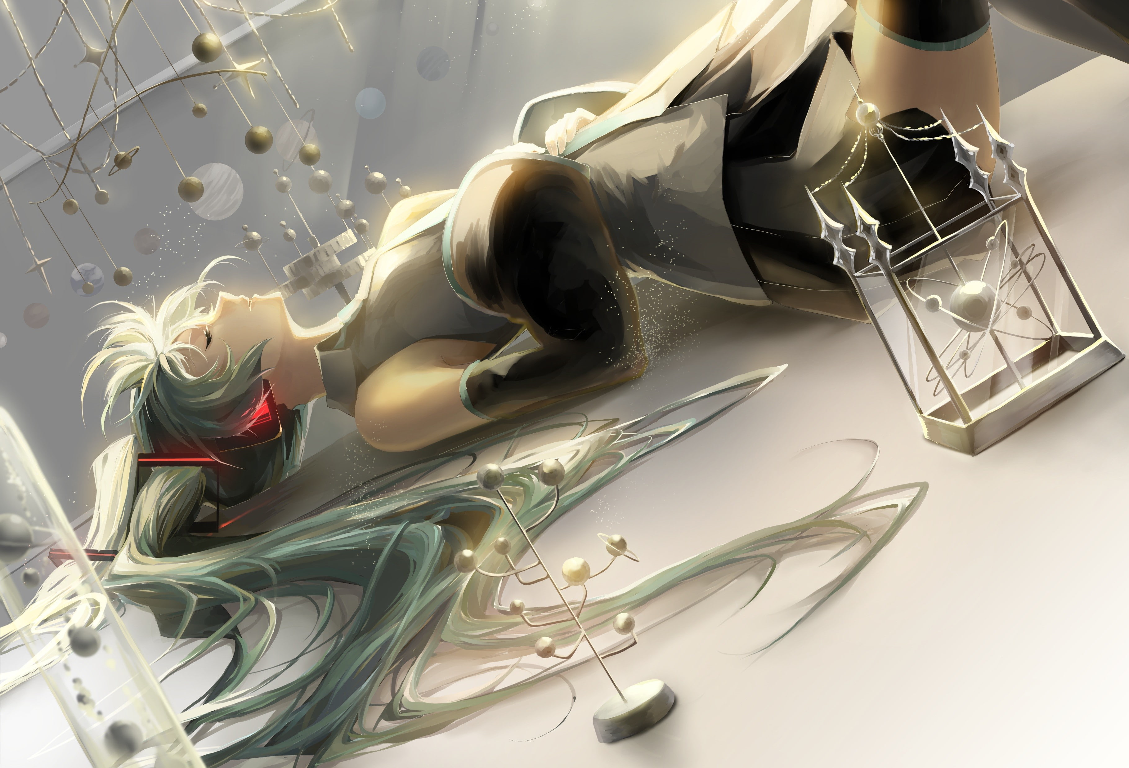 2K, Vocaloid, anime girls, aqua hair, skirt, twintails, long hair, anime, Hatsune Miku, planet, HD Wallpaper