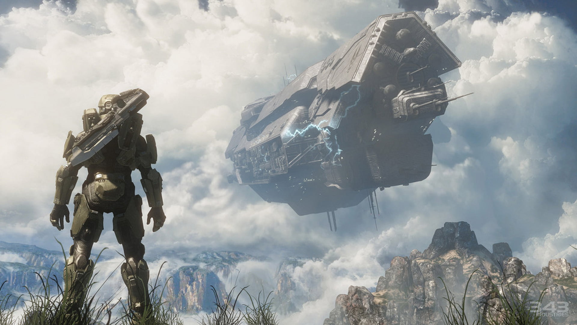 video game art, Halo 4, science fiction, 1080P, Halo, landscape, clouds, UNSC Infinity, spaceship, video games, in-game, Spartans (Halo), Master Chief, HD Wallpaper