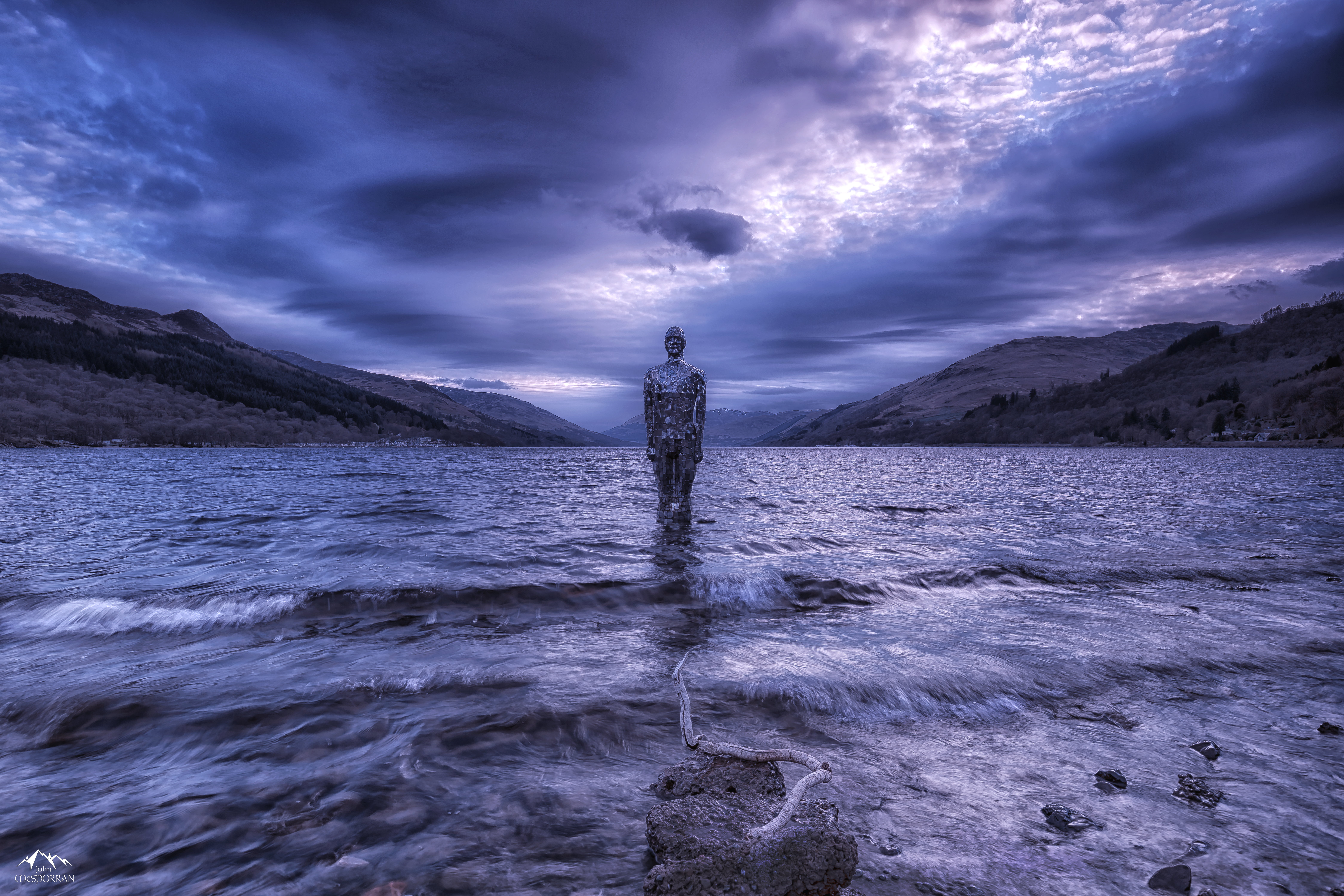 8K, lake, body, standing, sunset, Scotland, men, landscape, person, Perthshire, cloudy, Silent Witness, sea, nature, beach, Loch Earn, outdoors, mountain, HD Wallpaper