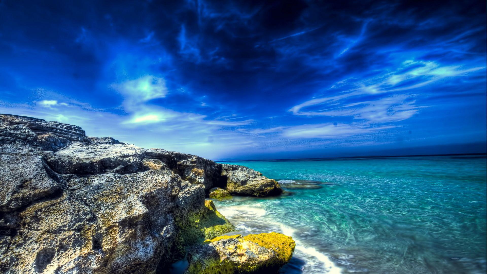 seacoast, skies, 1080P, nature and landscapes, rocks, rocky, cost, blue, HD Wallpaper