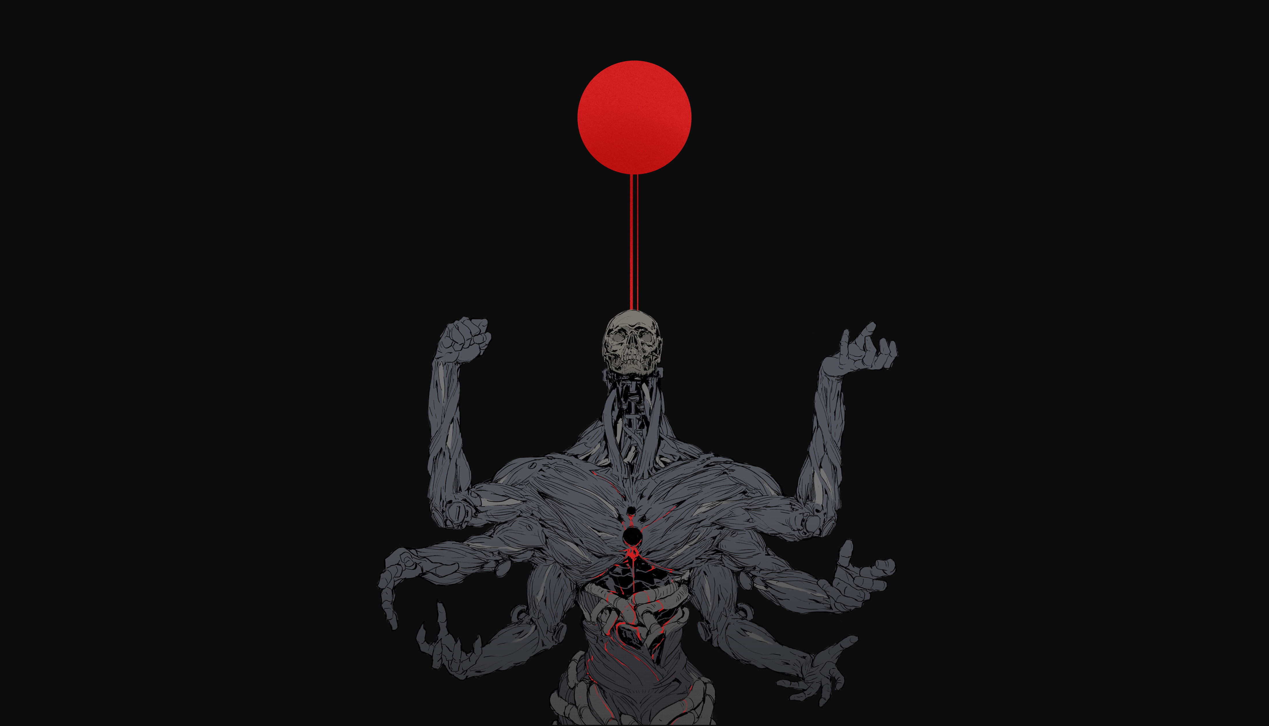 fantasy art, skull, Red sun, artwork, Ching Yeh, muscles, simple background, 4K, HD Wallpaper