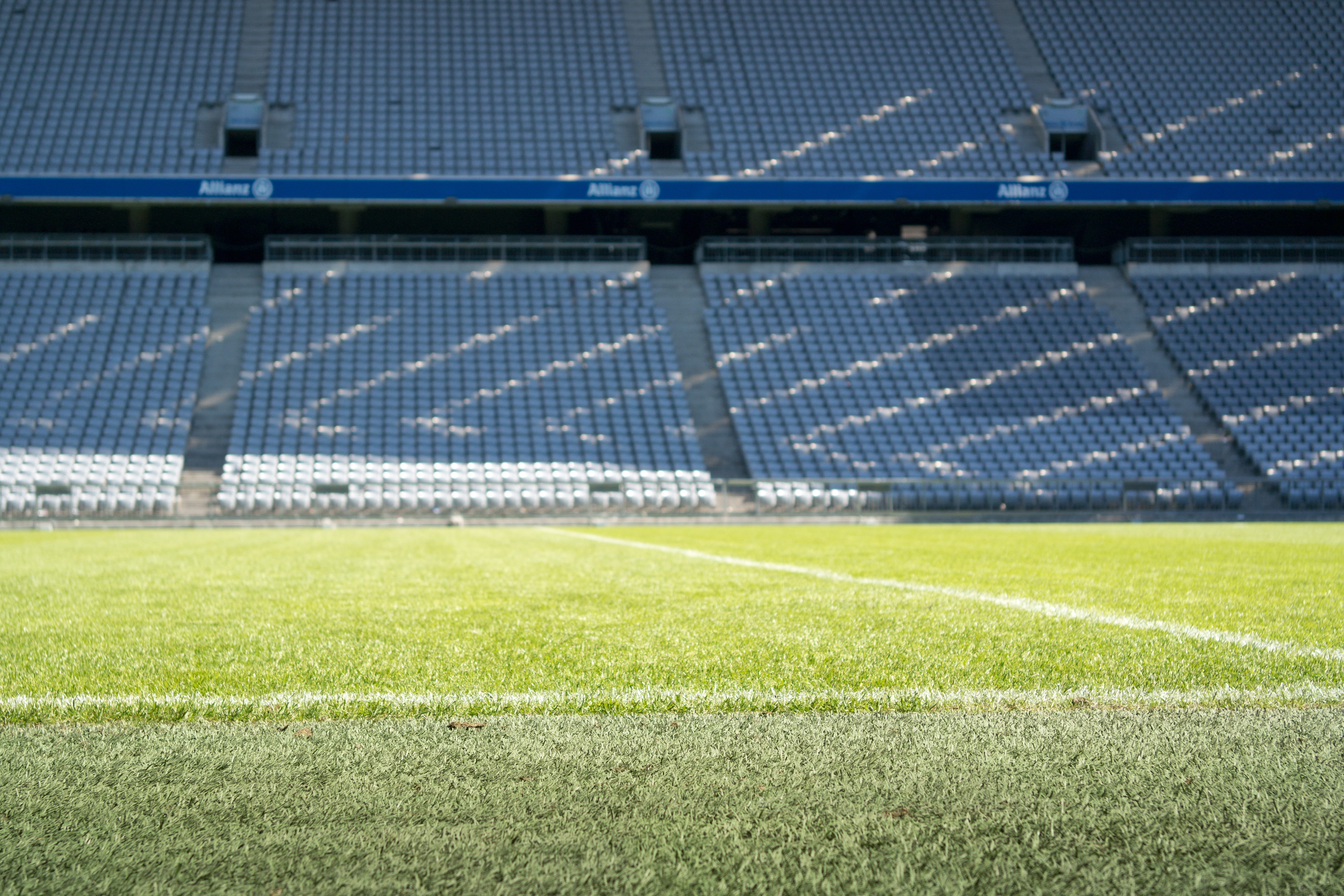 turf, competition, outdoors, lawn, plant, environment, no people, sport, ranks, team sport, goal, football stadium, sunlight, field, arena, football, grass, HD Wallpaper