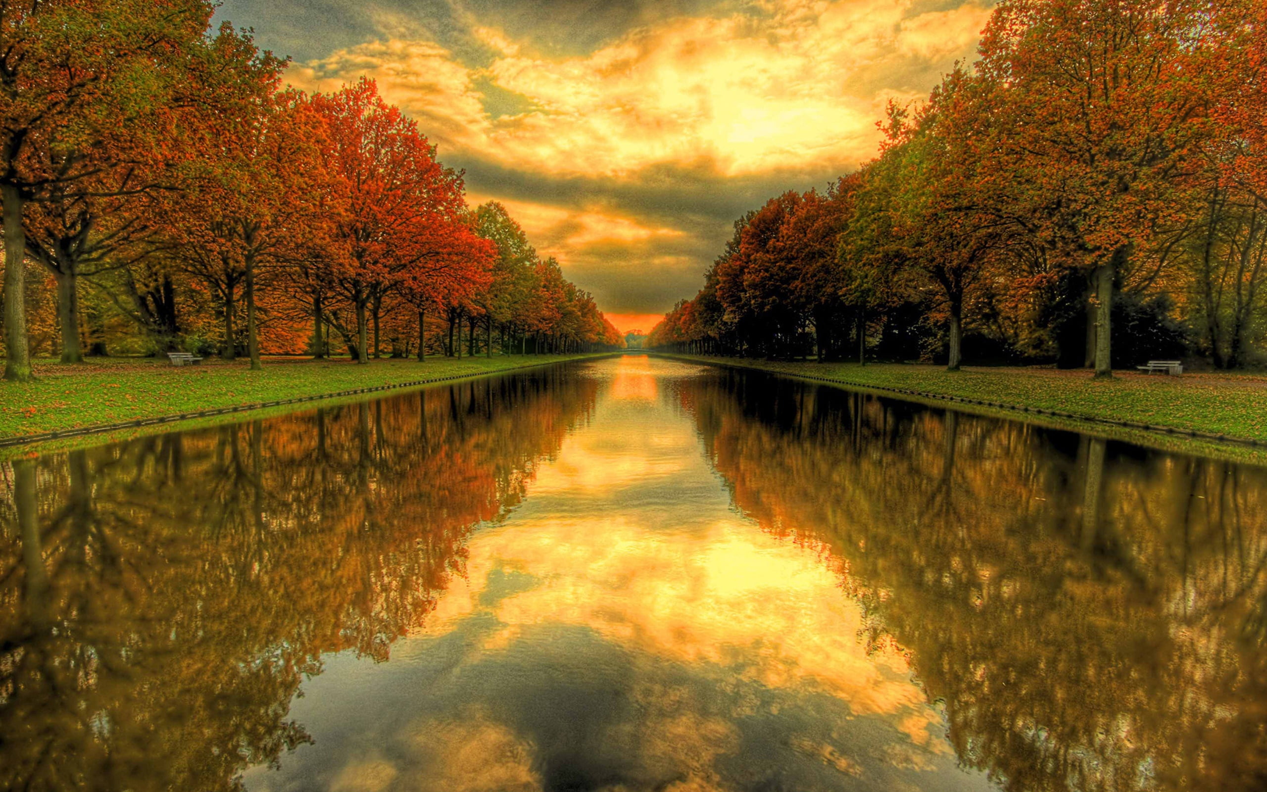 footpath, dusk, cloud - sky, river, reflecting pool, autumn, idyllic, sunlight, coast, trees, rural Scene, colors, treelined, green Color, multi Colored, HD Wallpaper