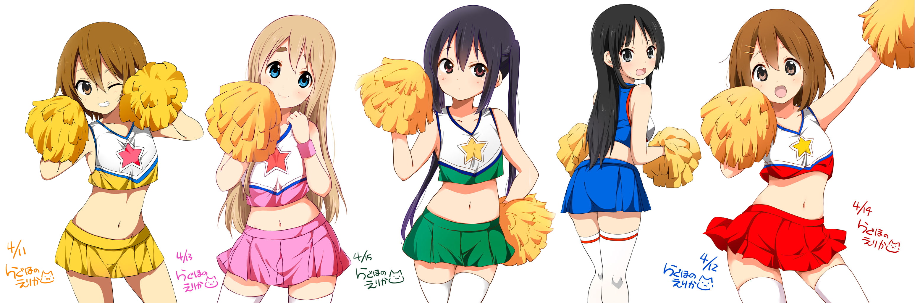 long hair, cheerleaders, skirt, K-ON!, Kotobuki Tsumugi, twintails, 2K, anime girls, Akiyama Mio, dark hair, HD Wallpaper