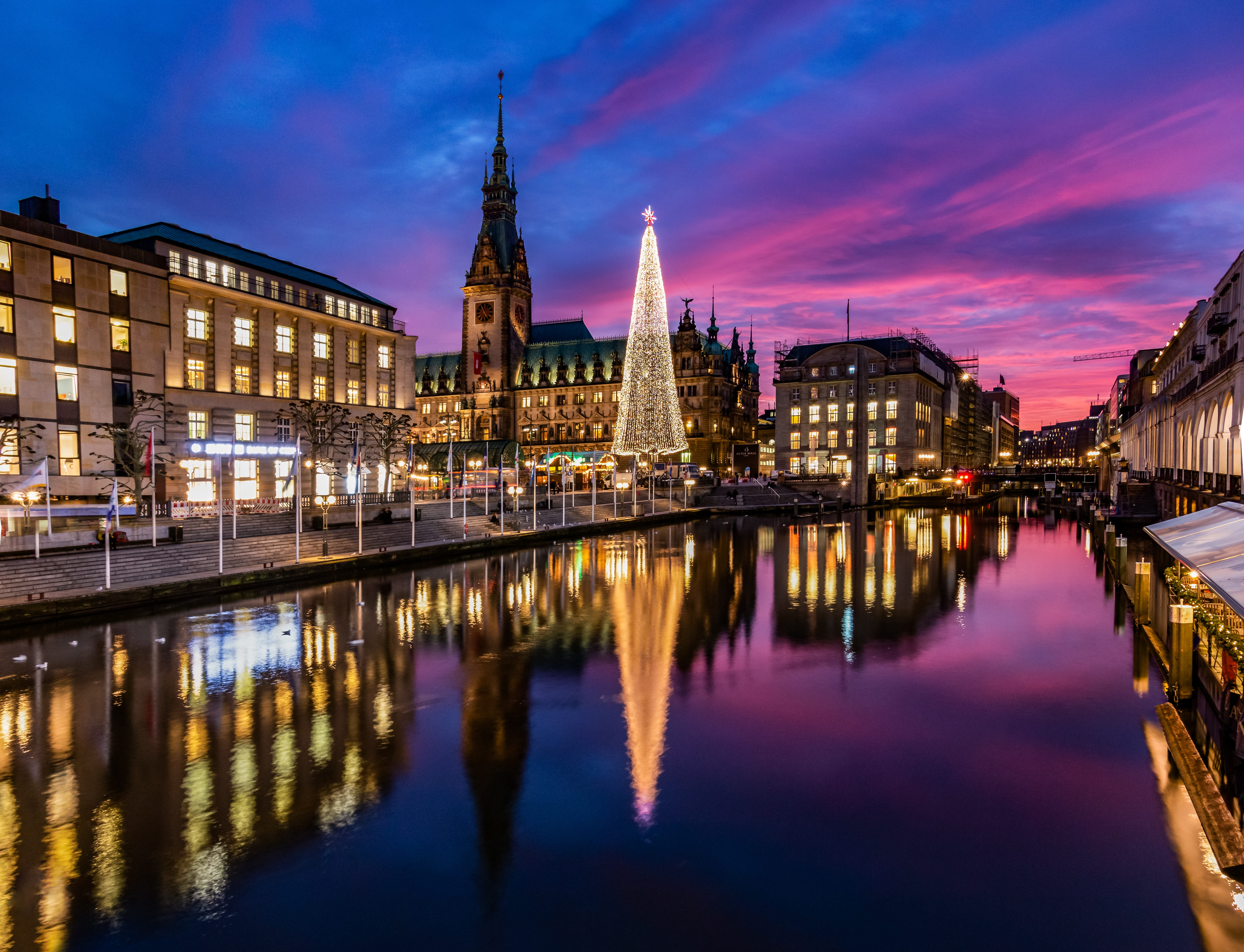 cityscape, christmas, purple, germany, hanseatic city, night, town hall, dusk, jungfernstieg, building, building exterior, town hall square, city, christmas time, HD Wallpaper