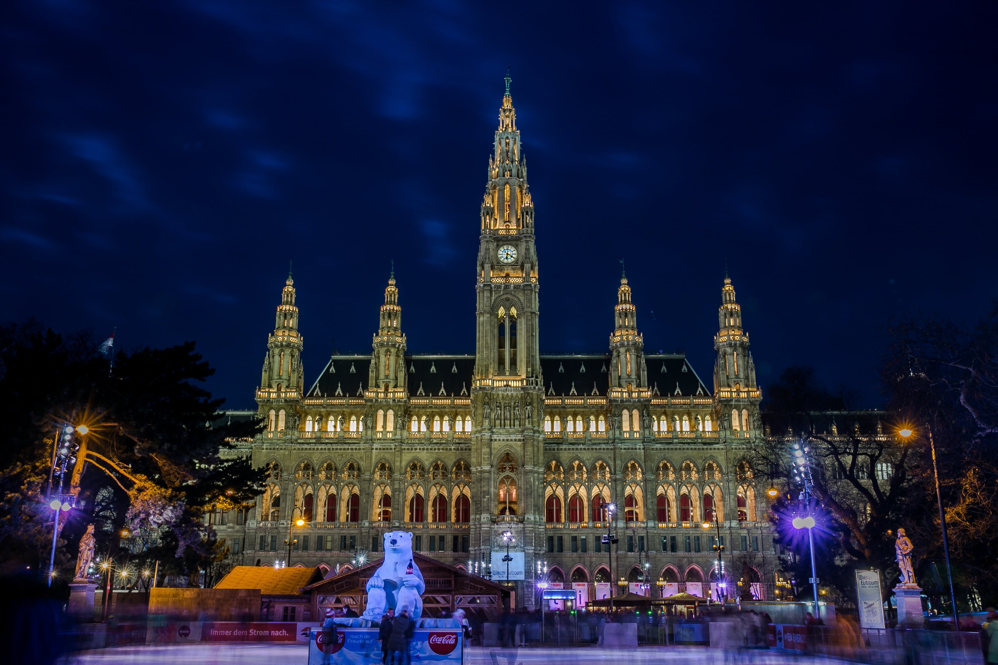 vienna, nature, architecture, church, beside, town hall, 4K, landmark, city, building exterior, group of people, sky, christmas market, skating space, HD Wallpaper