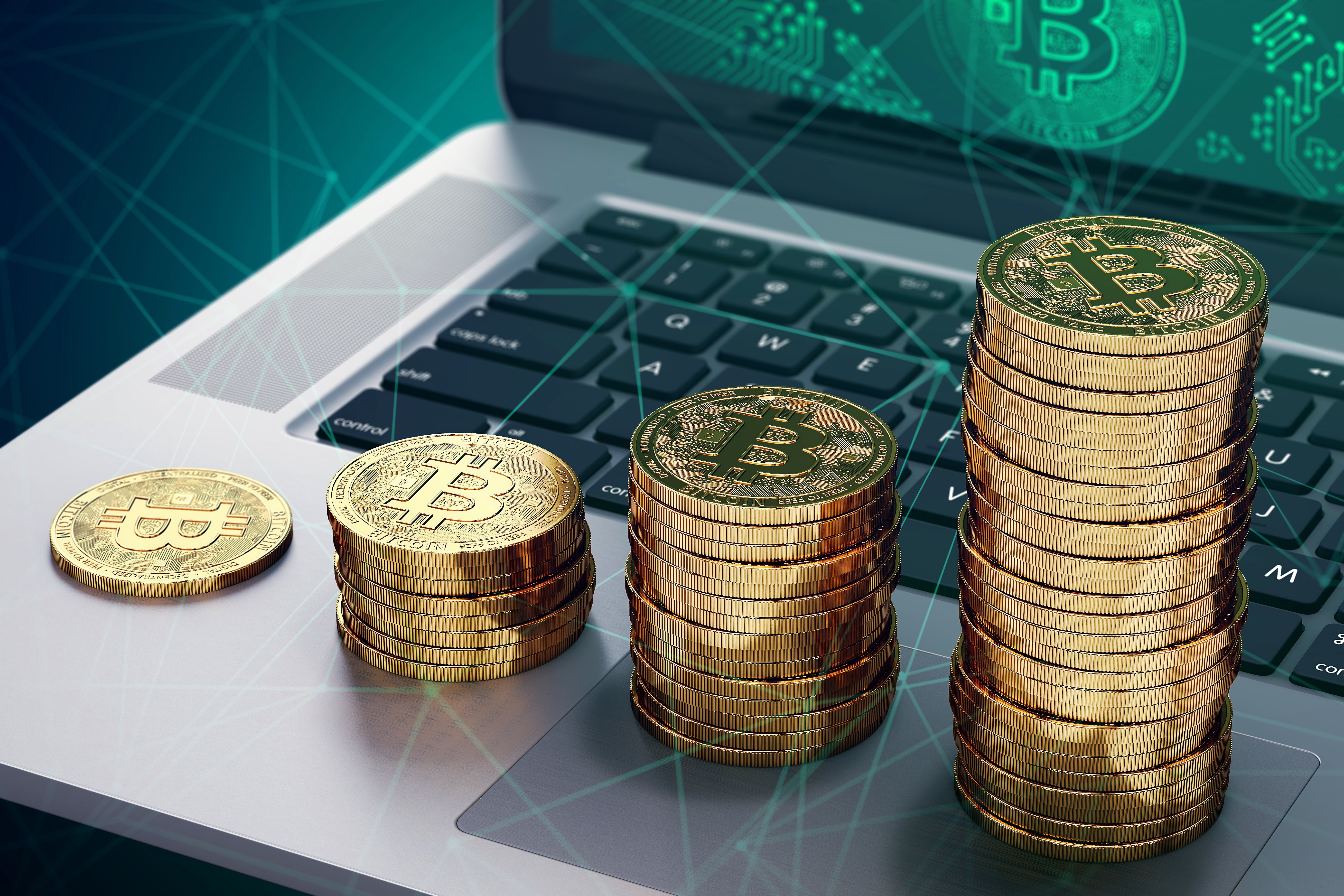 5K, btc, bitcoin, laptop, stack, coins, notebook, HD Wallpaper